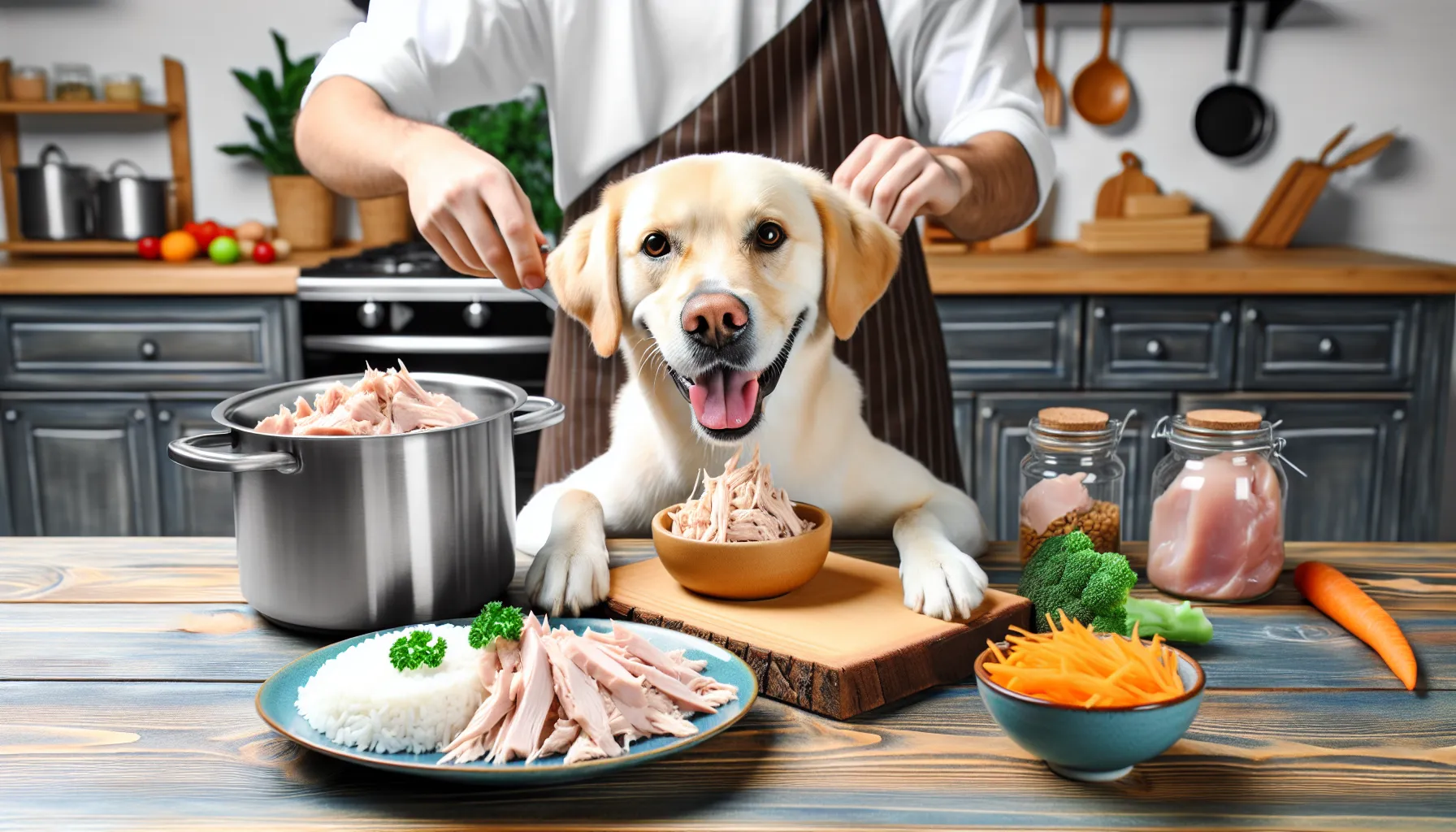 Um cão feliz comendo uma tigela de peito de frango cozido e desfiado com uma porção de arroz e vegetais. O fundo mostra uma cozinha limpa, destacando a importância da preparação adequada de alimentos para animais de estimação. Elementos visuais incluem uma panela com frango fervendo no fogão e uma tábua de corte com frango sendo desfiado por uma pessoa.