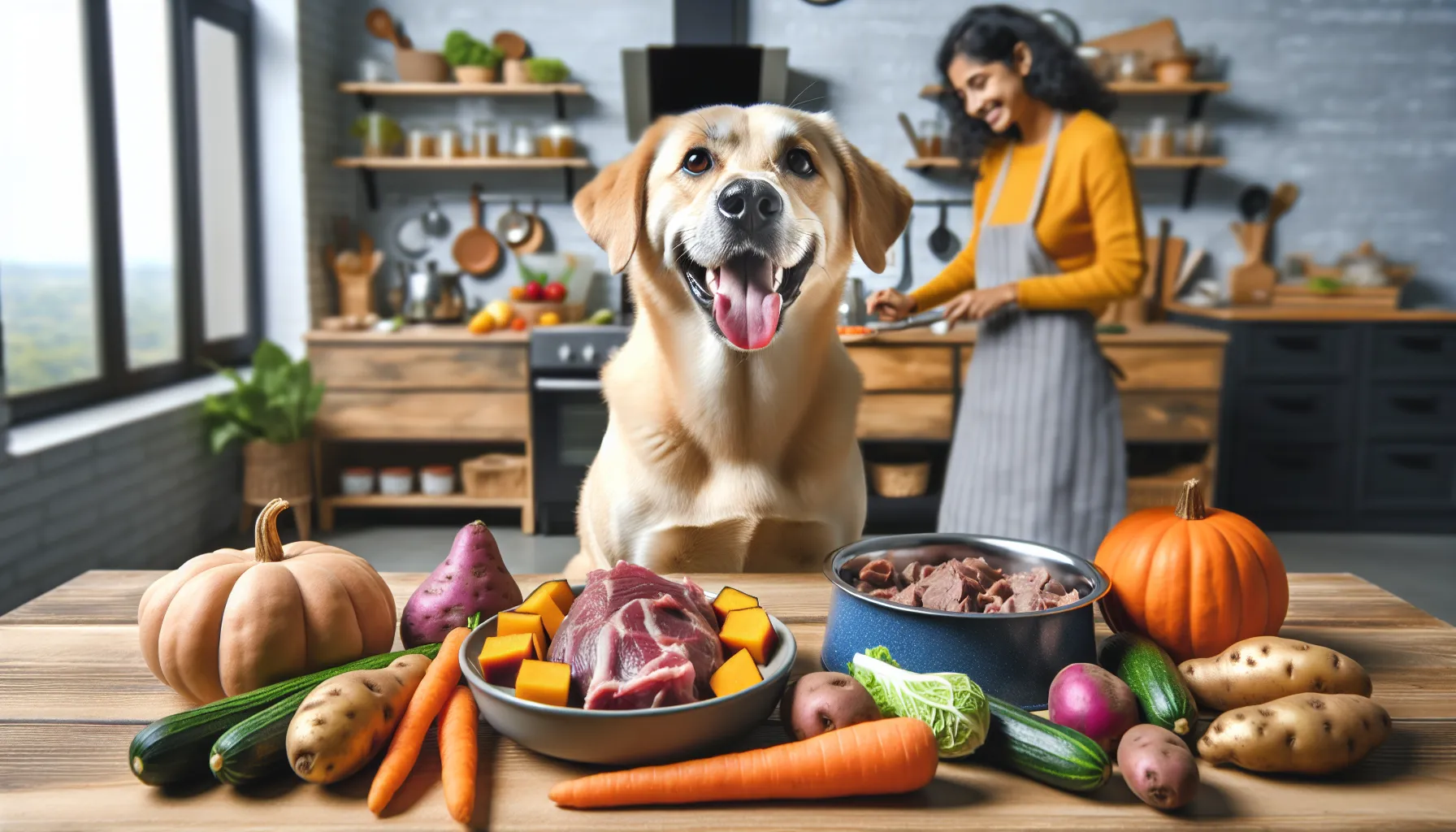 Um cachorro feliz sentado ao lado de uma tigela de cará cozido, com vários vegetais como batatas-doces, abóboras e cenouras ao redor. Ao fundo, uma cozinha com um dono preparando refeições saudáveis e balanceadas para o pet.