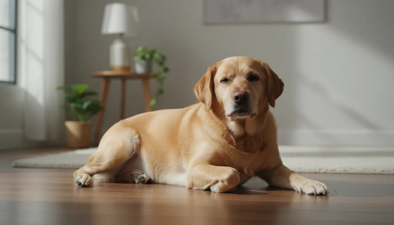 Cão deitado no chão, com a barriga visivelmente inchada, parecendo desconfortável e com expressão de dor, ao lado de um pote de água vazio.