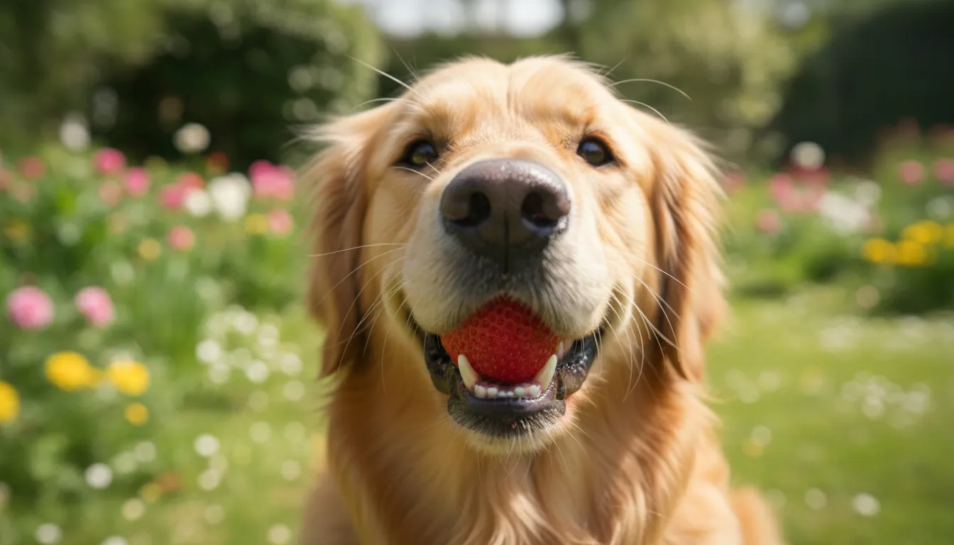 Cachorro da raça golden retriever feliz comendo um pedaço de morango fresco em um jardim ensolarado.