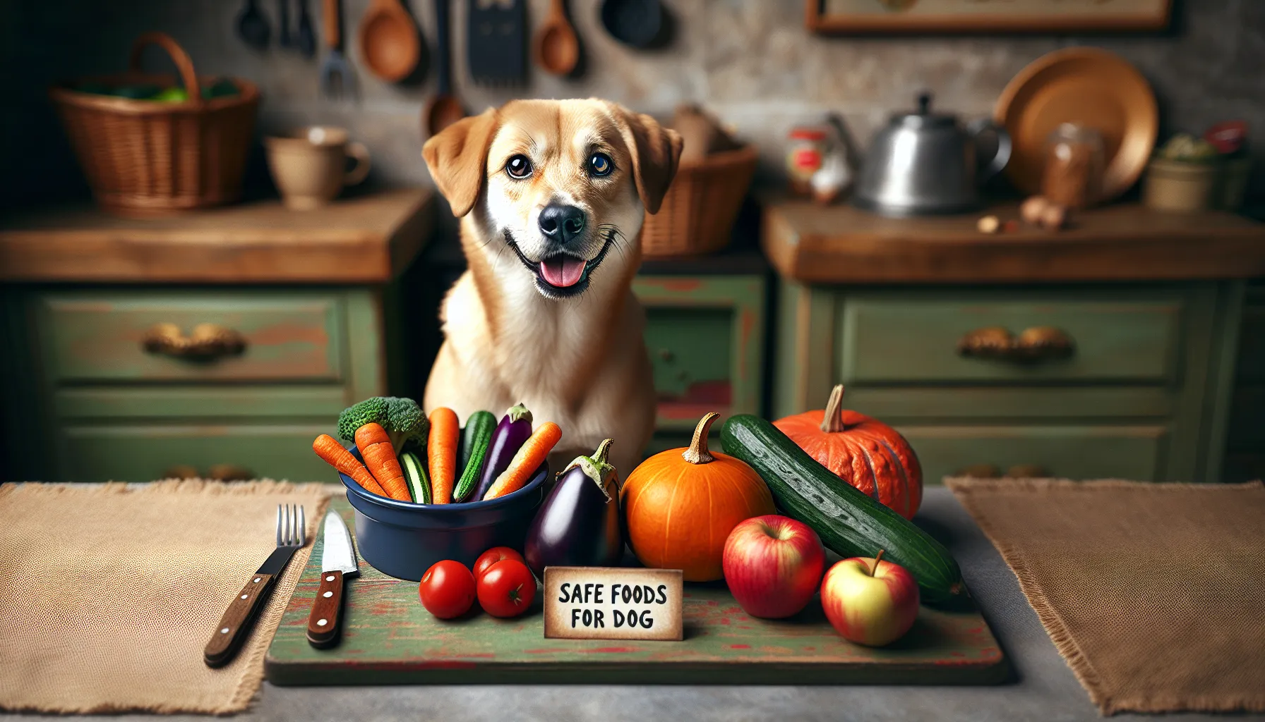 Um cachorro saudável sentado ao lado de uma variedade de vegetais, incluindo uma pequena tigela de jiló cozido, cenouras, abóbora, maçã e pepino. O cachorro parece curioso e feliz, com um fundo de uma cozinha aconchegante. Inclui uma pequena placa com 'Alimentos Seguros para Cães' para enfatizar o tema da nutrição de pets.