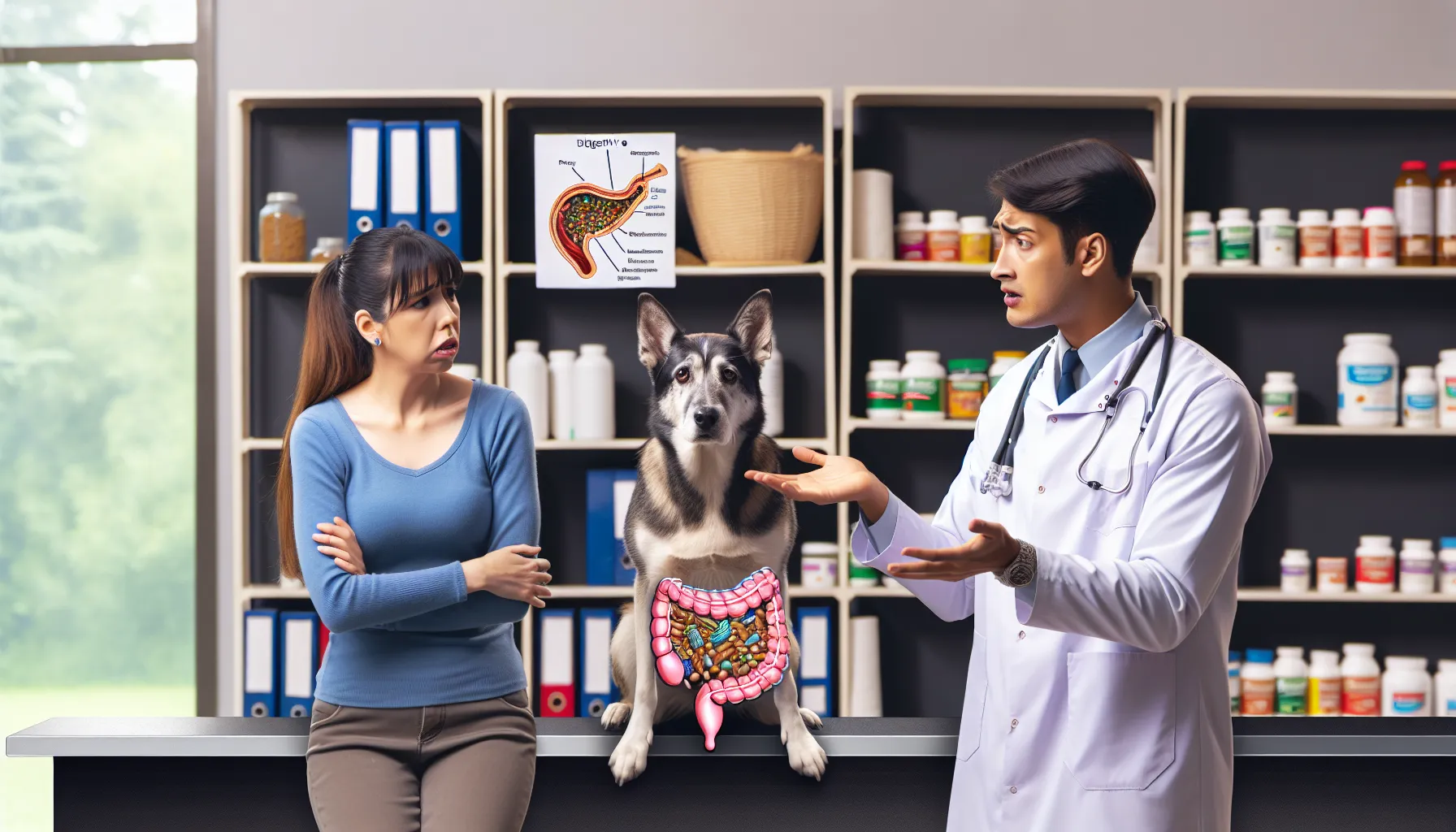 Um dono de cachorro preocupado consultando um veterinário sobre a saúde digestiva de seu cão. A cena inclui um cachorro com a barriga levemente inchada, várias rações de alta qualidade e suplementos como probióticos e simeticona em uma prateleira, e um gráfico mostrando o sistema digestivo de um cão. O fundo mostra um ambiente de clínica veterinária com equipamentos médicos e uma atmosfera amigável.