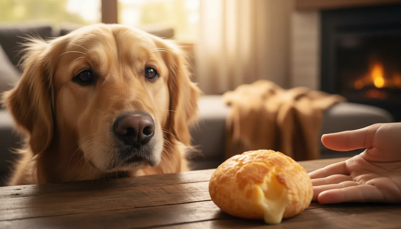 Cachorro da raça golden retriever olhando para um pedaço de pão de queijo em uma mesa, com o tutor ao fundo.