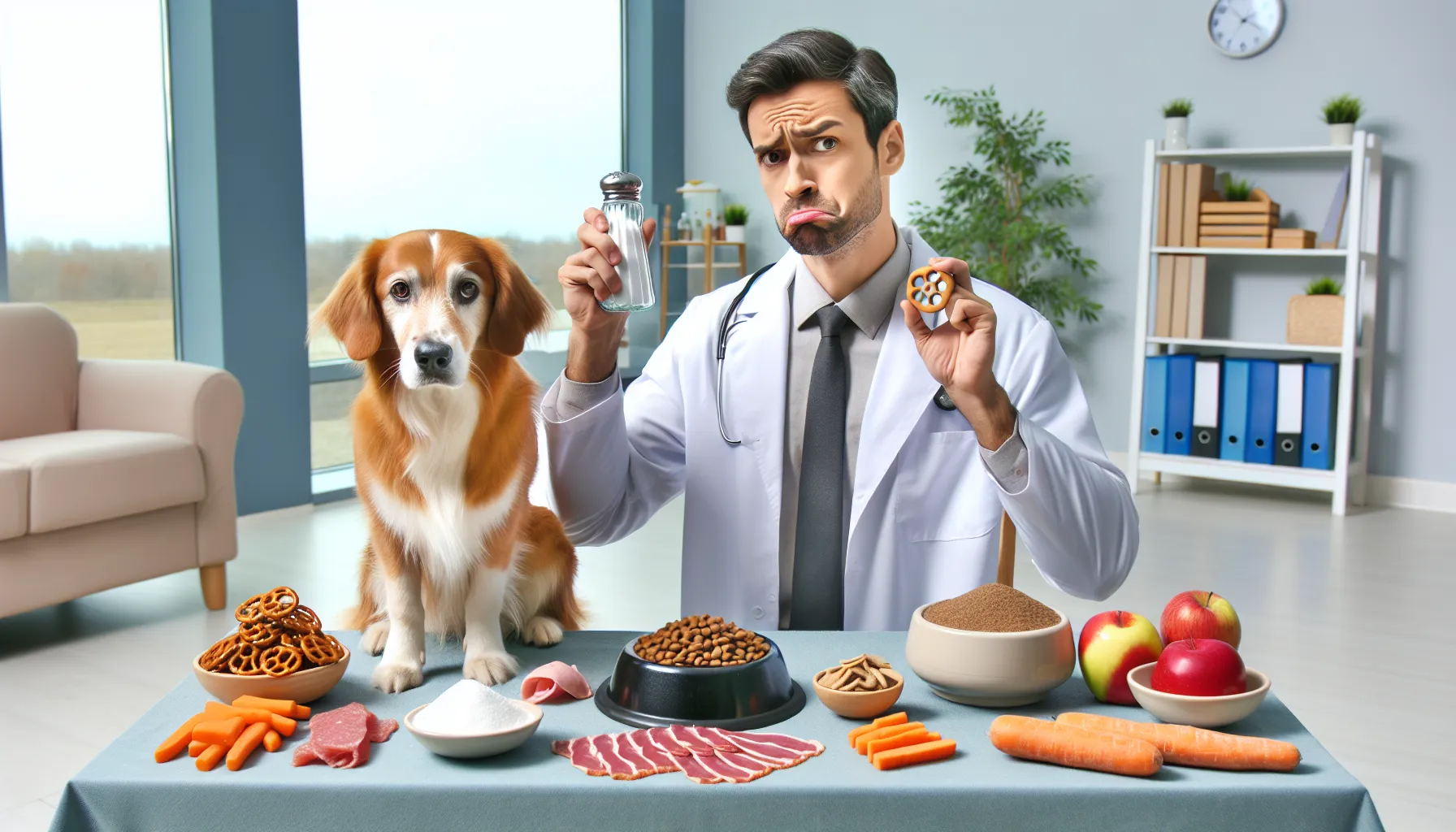 Um dono de cachorro preocupado olhando para uma mesa cheia de diversos alimentos, incluindo petiscos salgados como pretzels, batatas fritas e carnes processadas, junto com alternativas saudáveis e seguras para cães, como cenouras, maçãs e abóbora. O dono está segurando um saleiro, com uma expressão de dúvida, enquanto um cachorro feliz e saudável está ao lado de uma tigela de ração nutritiva e com baixo teor de sódio. O fundo inclui uma clínica veterinária, destacando a importância de consultar um veterinário para orientações alimentares.