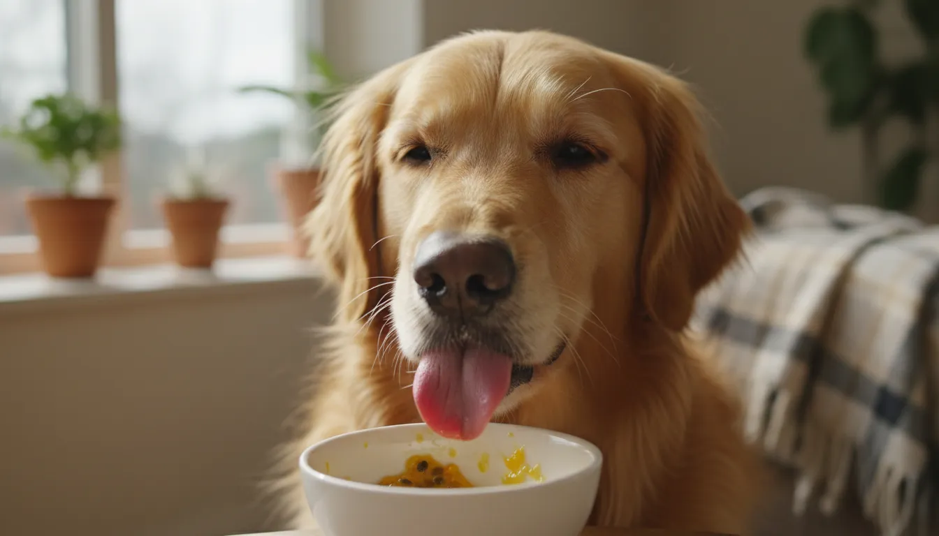 Cachorro golden retriever feliz lambendo um pouco de maracujá em uma tigela, com a polpa amarela da fruta visível.