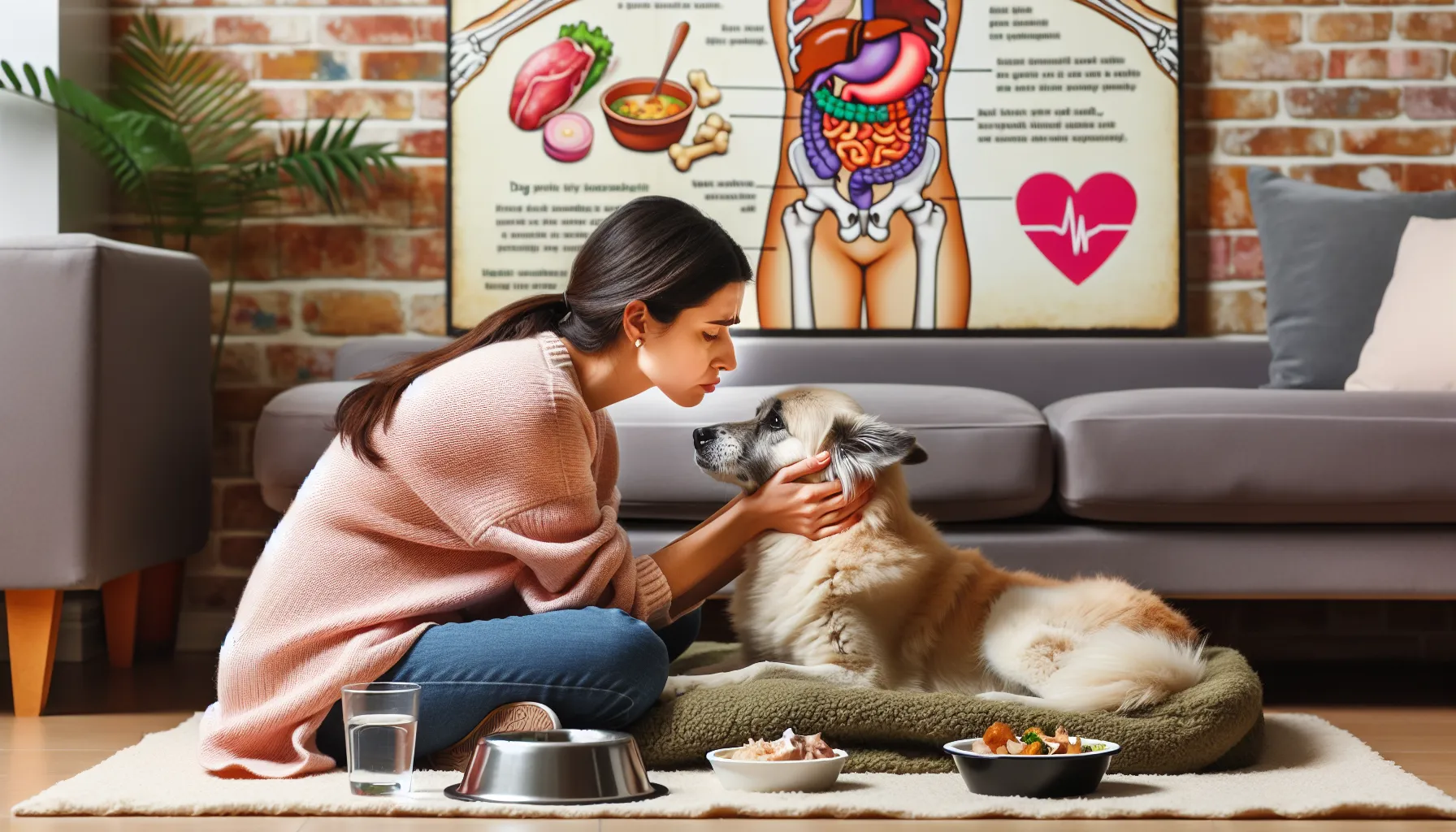 Um dono de cachorro preocupado conforta gentilmente seu pet, que aparenta estar com dor de estômago, em uma sala de estar aconchegante com um cobertor macio no chão, uma tigela de água por perto e um prato pequeno com frango e arroz cozidos. Ao fundo, há pistas sutis de cuidados veterinários, como um estetoscópio e um frasco de medicação prescrita, além de um infográfico alegre e informativo na parede mostrando sintomas e tratamentos comuns para problemas estomacais em cães.