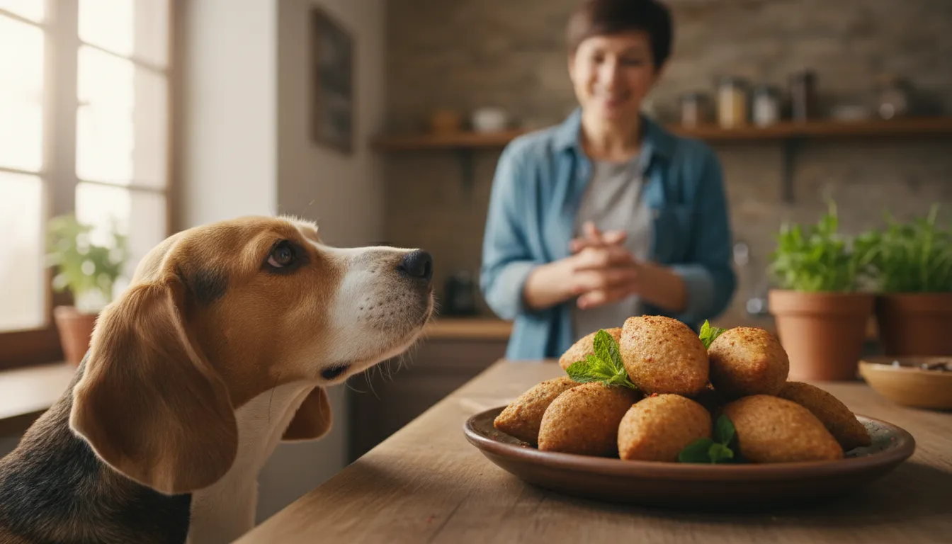 Um cachorro beagle olhando com curiosidade para um prato de kibe em uma mesa de cozinha, com seu tutor sorrindo ao fundo. Cachorro pode comer kibe?