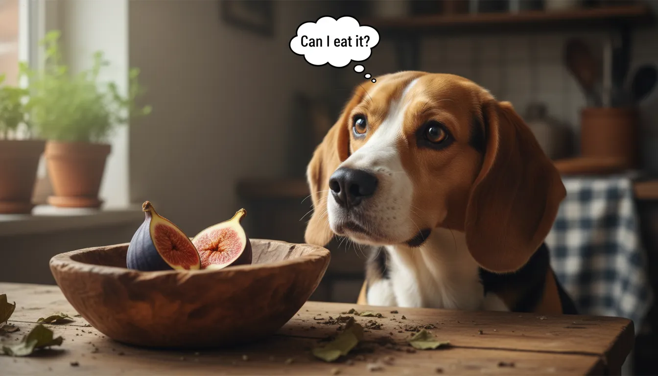 Um cachorro beagle feliz olhando curiosamente para um figo em uma tigela de madeira, com uma expressão questionadora sobre se cachorro pode comer figo.
