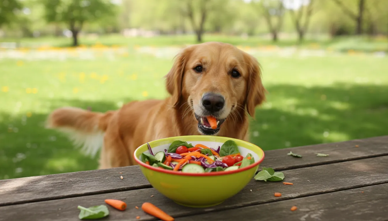 Cachorro golden retriever feliz comendo um pedaço de cenoura em uma tigela de salada colorida