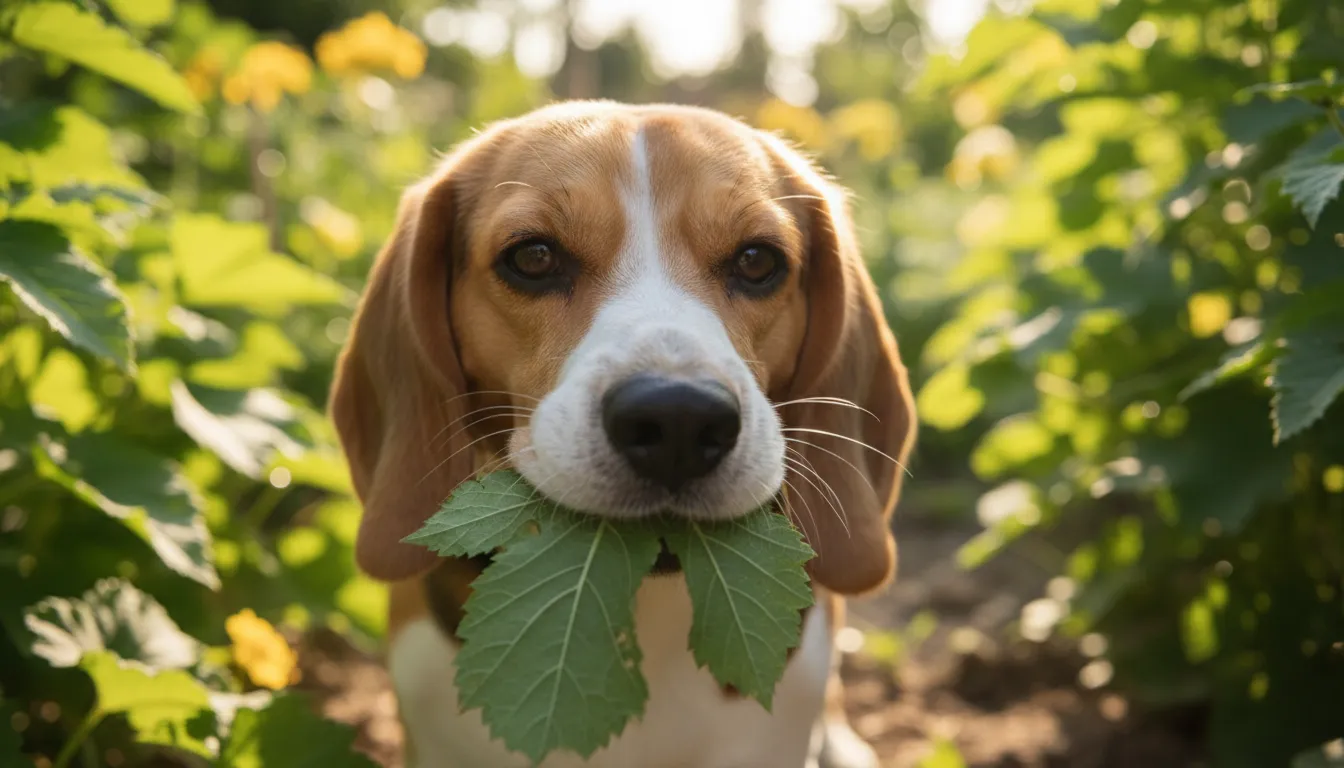 Um cachorro beagle mastigando cuidadosamente uma folha verde em um jardim ensolarado, com foco na planta e no cão.