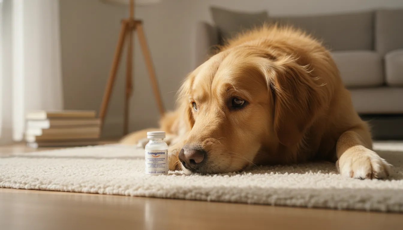 Cachorro golden retriever deitado confortavelmente, olhando para uma pequena garrafa de Enterogermina ao lado, em um ambiente doméstico iluminado.