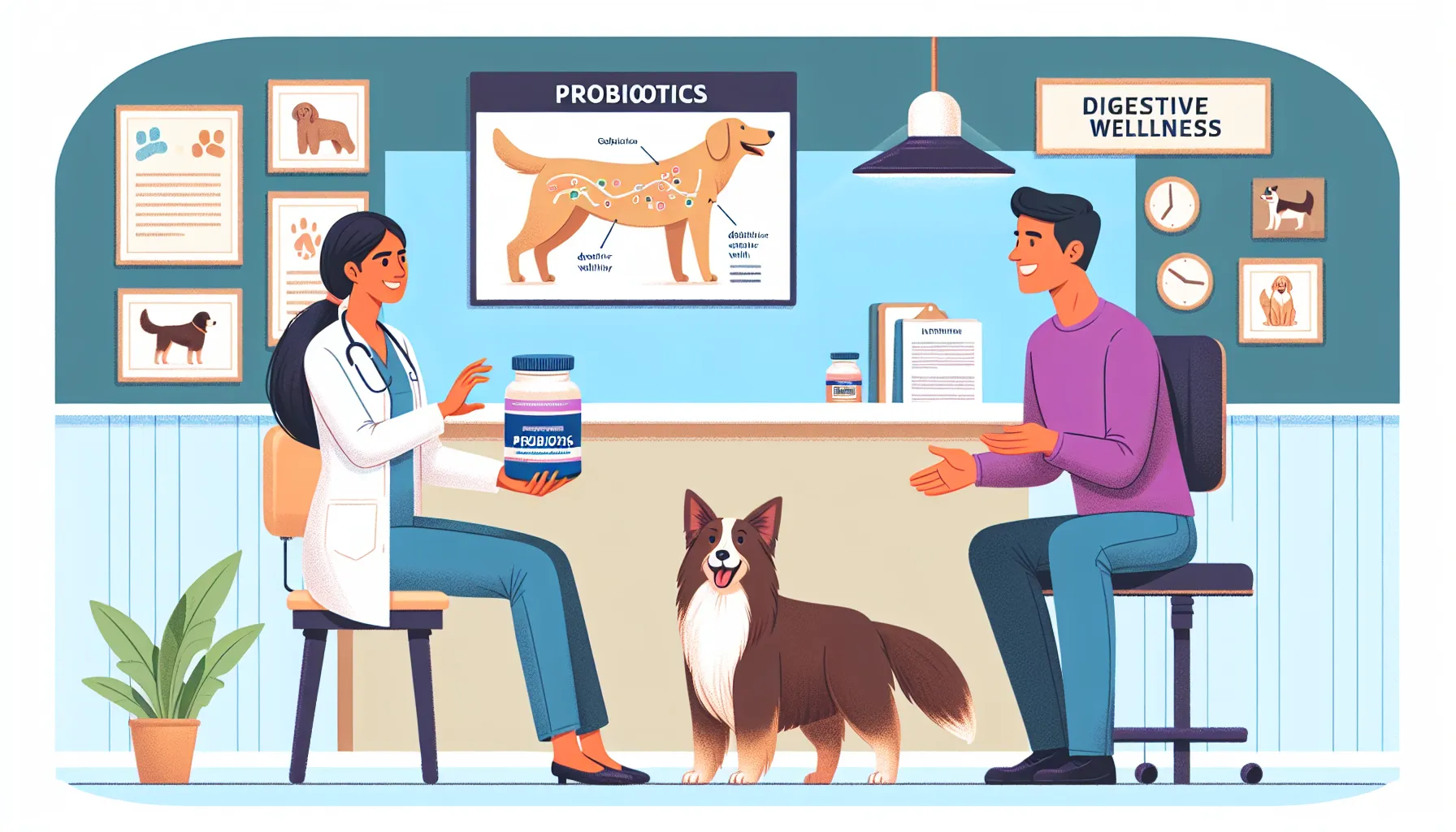 Veterinário consultando com o dono do cachorro sobre o uso de Enterogermina para a saúde digestiva do cão. Inclui elementos visuais como a embalagem de Enterogermina, um cachorro feliz, um gráfico mostrando a saúde digestiva e uma variedade de opções alternativas de probióticos. O cenário é uma clínica veterinária acolhedora e aconchegante, com pôsteres informativos nas paredes.