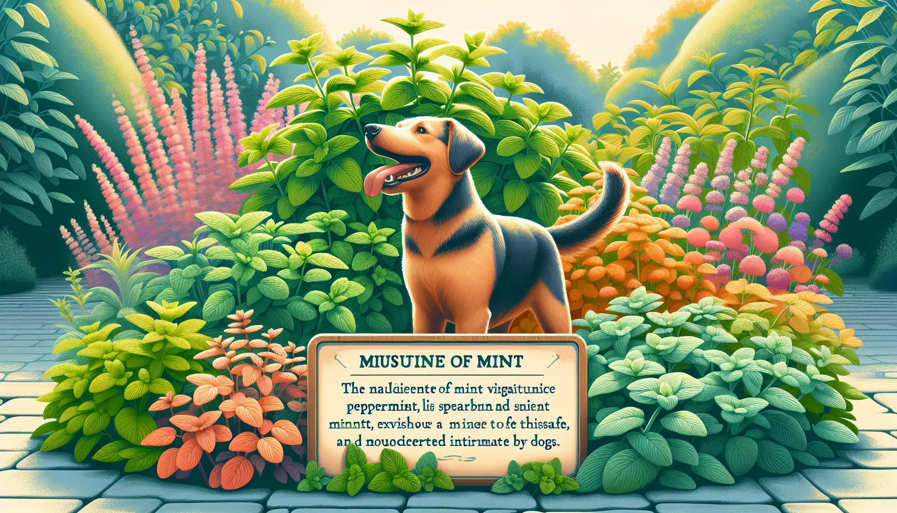 Ilustração digital de um cachorro feliz cheirando e mastigando algumas folhas frescas de hortelã em um jardim. A imagem mostra diferentes tipos de plantas de hortelã, como hortelã-pimenta e hortelã-verde, e inclui uma pequena placa informativa indicando o consumo seguro e moderado de hortelã para cães. O fundo é vibrante e colorido, exibindo um ambiente saudável e amigável para animais de estimação.