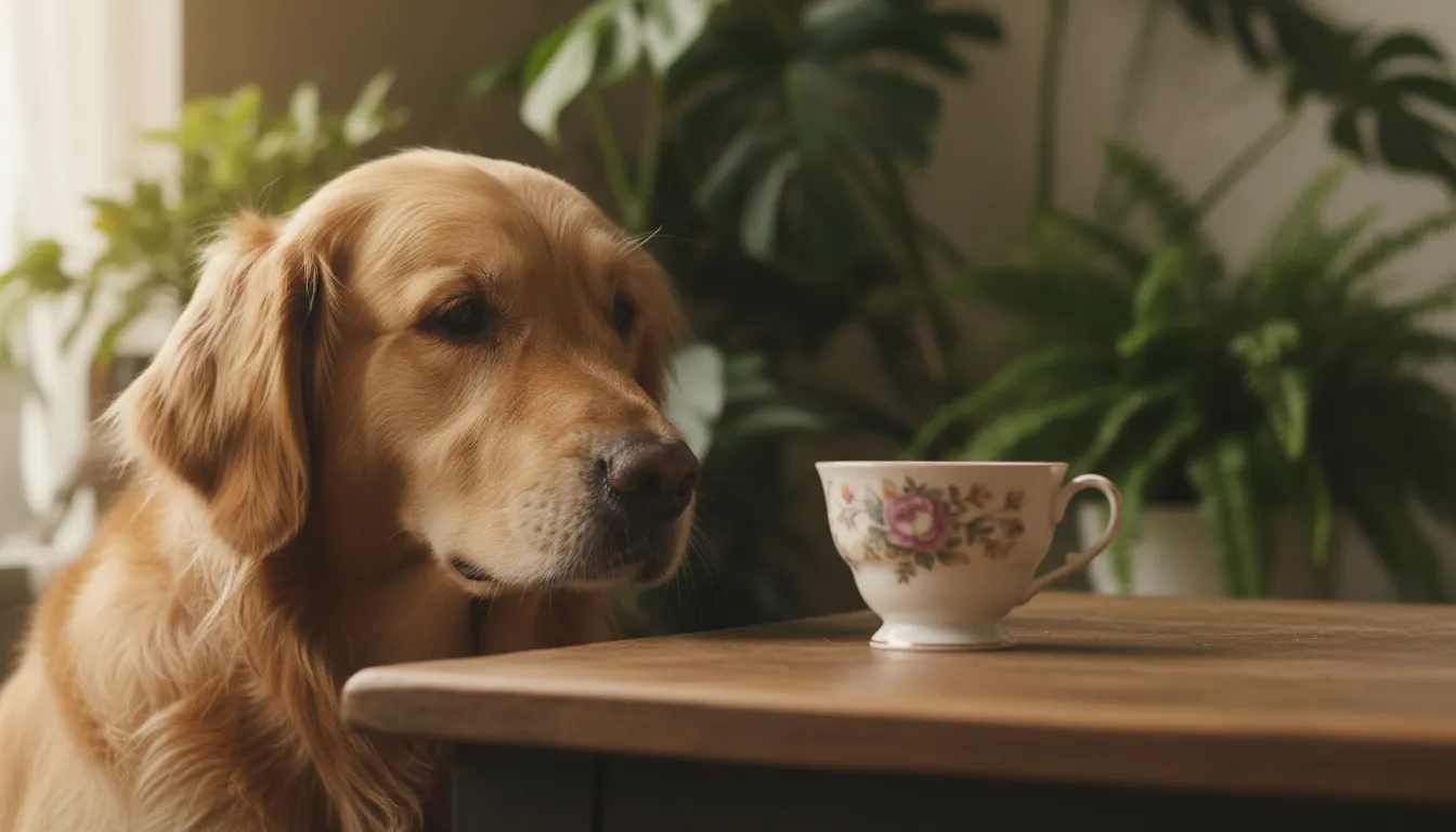 Cachorro golden retriever cheirando uma xícara de chá em uma mesa de madeira, com plantas ao fundo.
