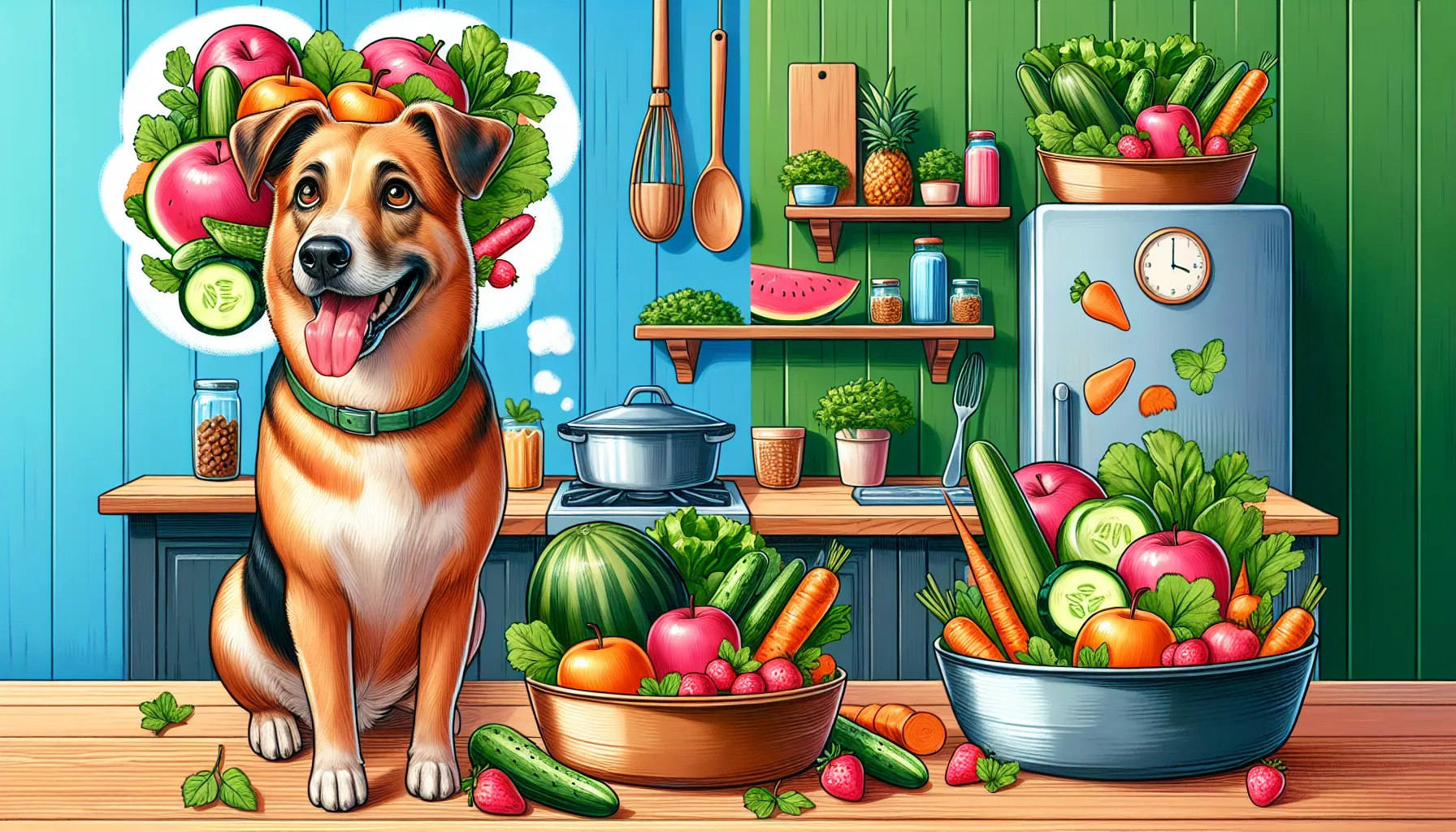 Ilustração de um cachorro feliz sentado ao lado de uma tigela de salada fresca composta por vegetais seguros como cenouras, pepinos e folhas verdes. O fundo inclui um cenário de cozinha com outra tigela contendo frutas como maçãs, melancia e morangos. O cachorro parece saudável e animado, enfatizando os benefícios de uma dieta equilibrada.