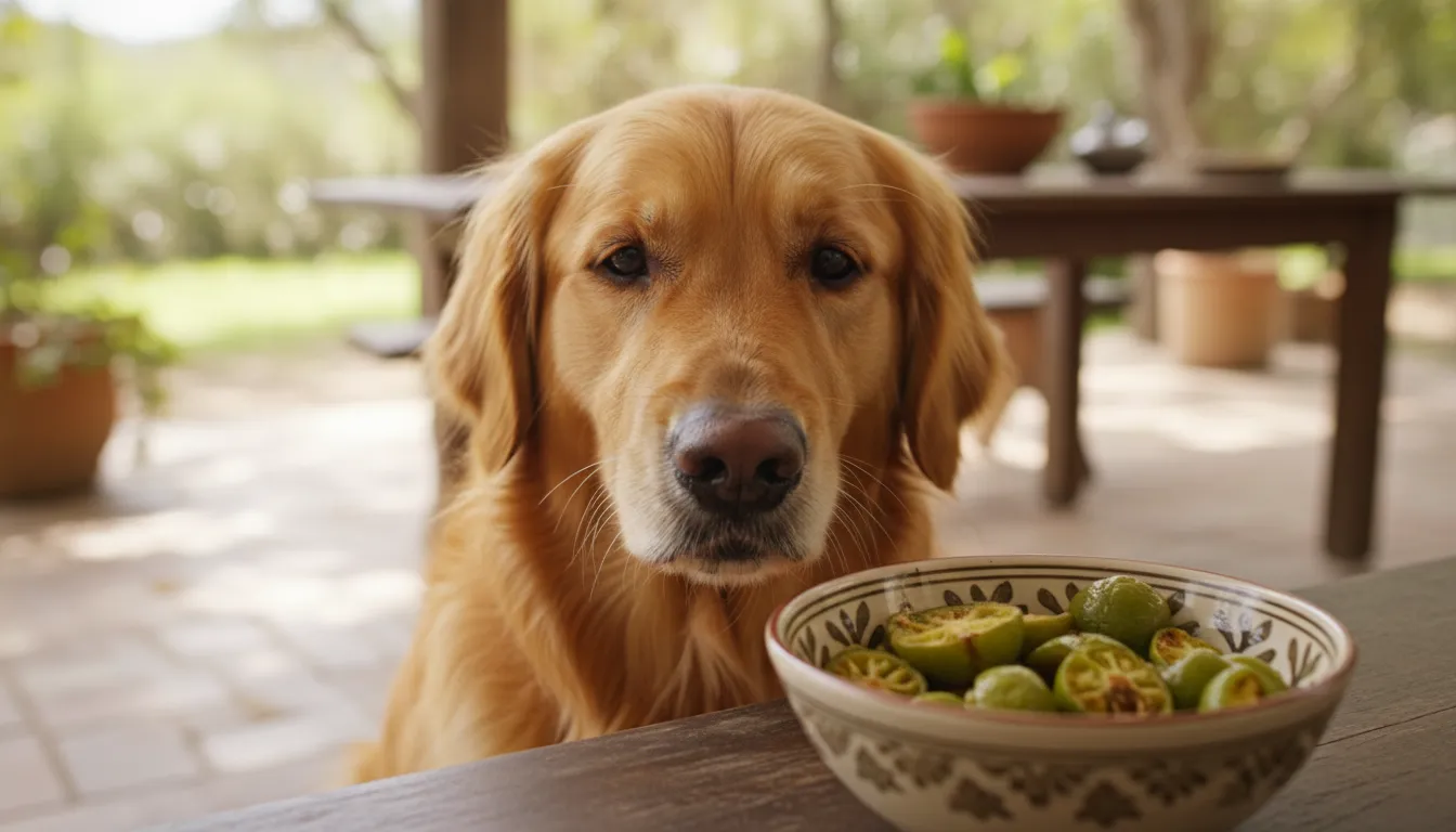 Cão feliz da raça golden retriever observando pedaços de jiló cozido em um pote, com curiosidade e carinho.
