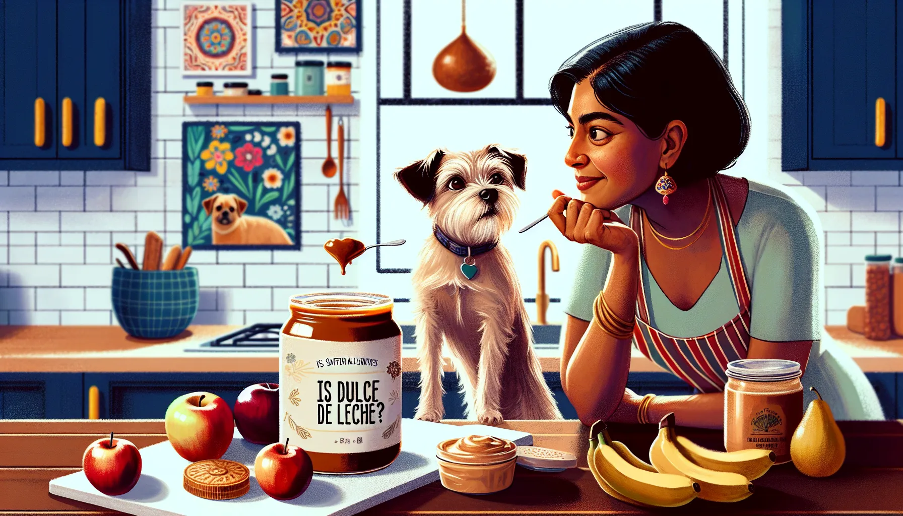 Ilustração digital mostrando um cachorro olhando longinquamente para um pote de doce de leite em um balcão de cozinha, com um dono preocupado puxando suavemente o cachorro para longe. No fundo, inclua alternativas seguras como maçãs, bananas e manteiga de amendoim. Sobreponha um texto dizendo "Doce de Leite é Seguro para Cachorros?".