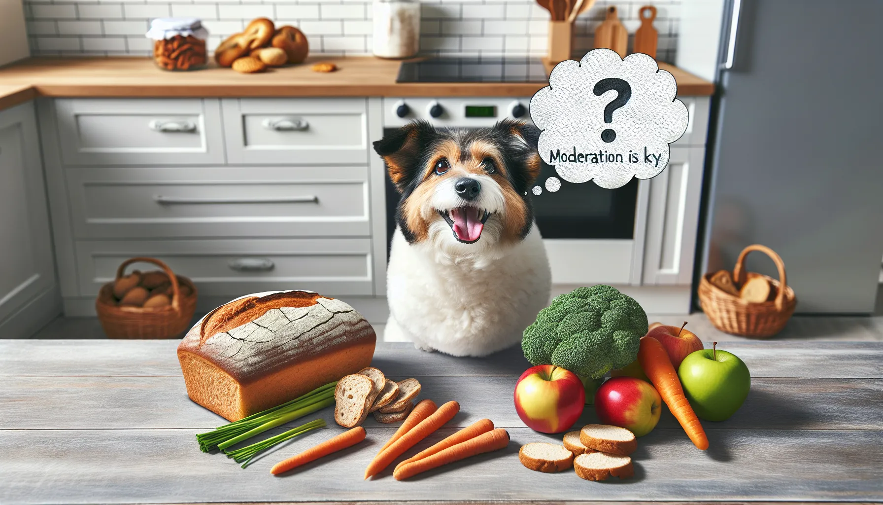 Cão alegre sentado ao lado de um pão, com um pequeno pedaço de pão na frente dele. O fundo mostra uma cozinha, com alguns petiscos saudáveis, como cenouras e maçãs, por perto. Há um balão de pensamento acima da cabeça do cão com um ponto de interrogação, indicando curiosidade sobre se pode comer o pão. Textos sutis como "Petiscos Saudáveis" próximos às cenouras e maçãs, e "Moderação é a Chave" perto do pão.