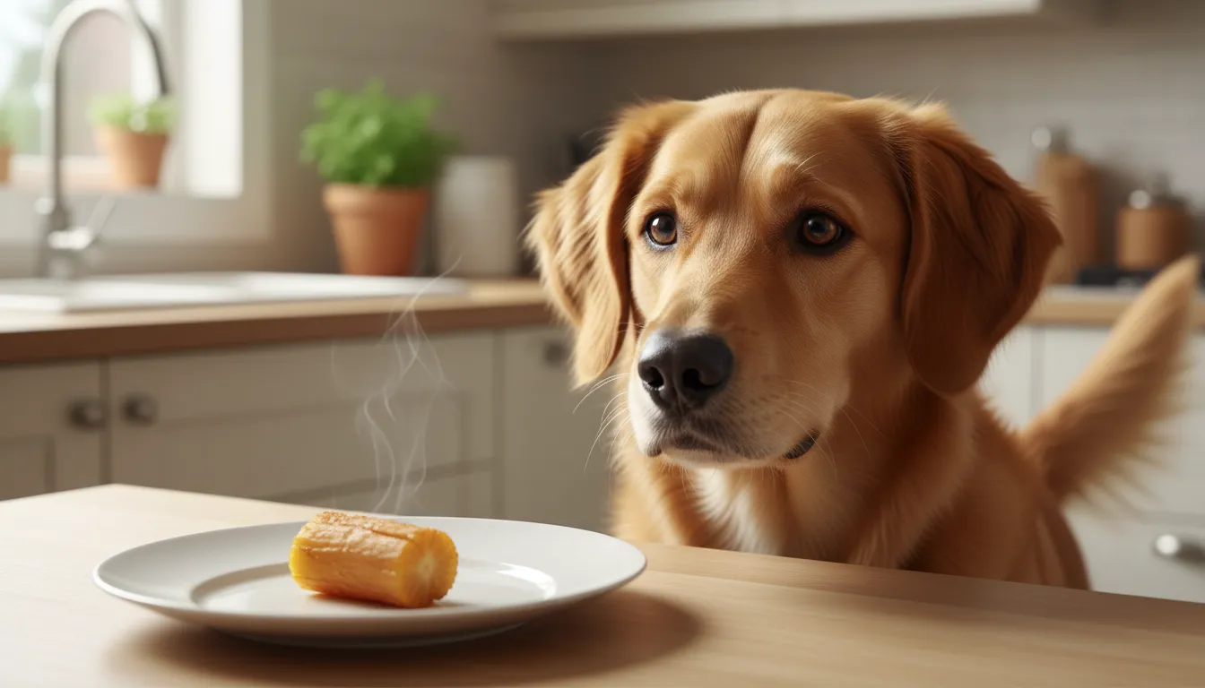 Cachorro alegre olhando para um pedaço de mandioca cozida em um prato, com um fundo desfocado de cozinha.