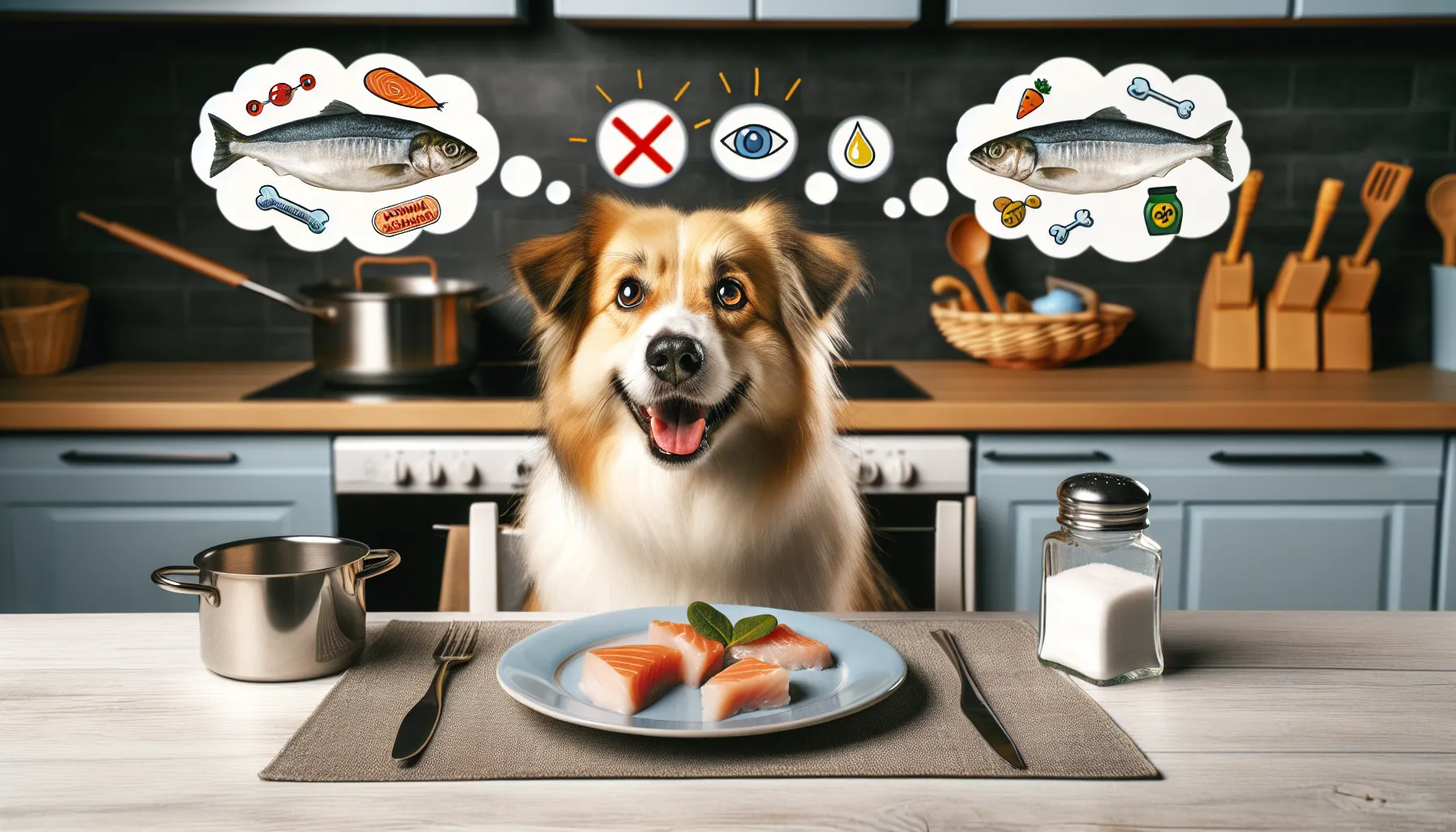 Ilustração de um cachorro feliz sentado à mesa com um prato de bacalhau cozido e dessalgado na frente dele. Ao fundo, uma cozinha com uma panela de água fervendo no fogão, representando o processo de cozimento. Há balões de pensamento com ícones de ômega-3, vitaminas e proteínas para destacar os benefícios nutricionais. Também há uma seção pequena com um peixe cru e um saleiro riscados, indicando o que não deve ser dado ao cachorro.