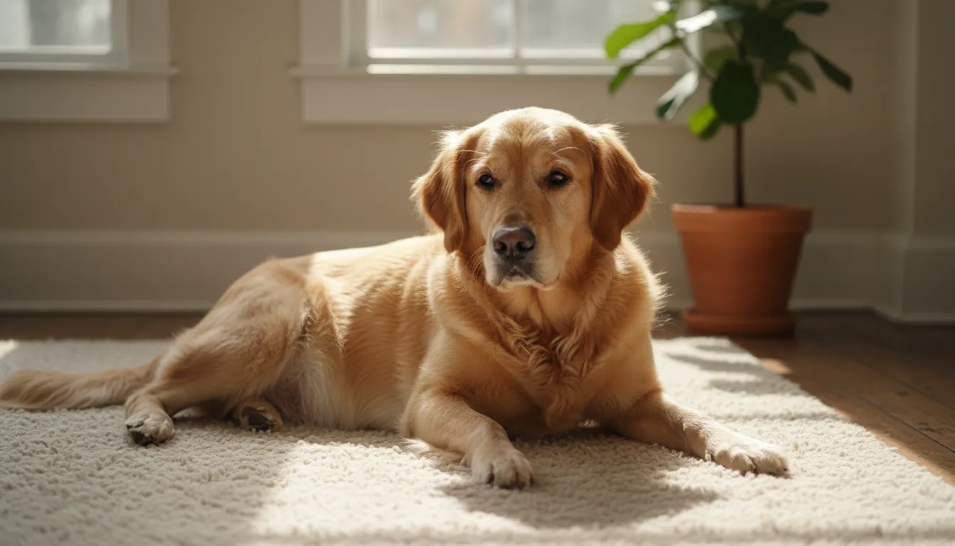 Cachorro da raça Golden Retriever com a barriga inchada, deitado em um tapete macio, expressando desconforto.