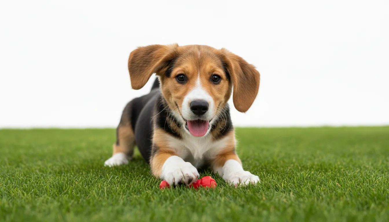 Filhote de cachorro pequeno, provavelmente um beagle ou golden retriever, brincando em um gramado verde, com foco na sua saúde e vermifugação.