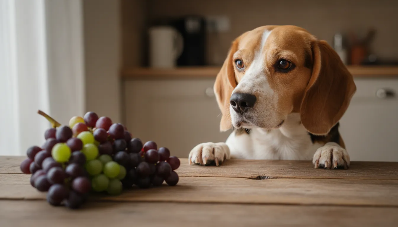 Um cachorro da raça beagle olhando curiosamente para um cacho de uvas em uma mesa, com expressão de desejo. A cena transmite o perigo de ingestão de uvas por cães.