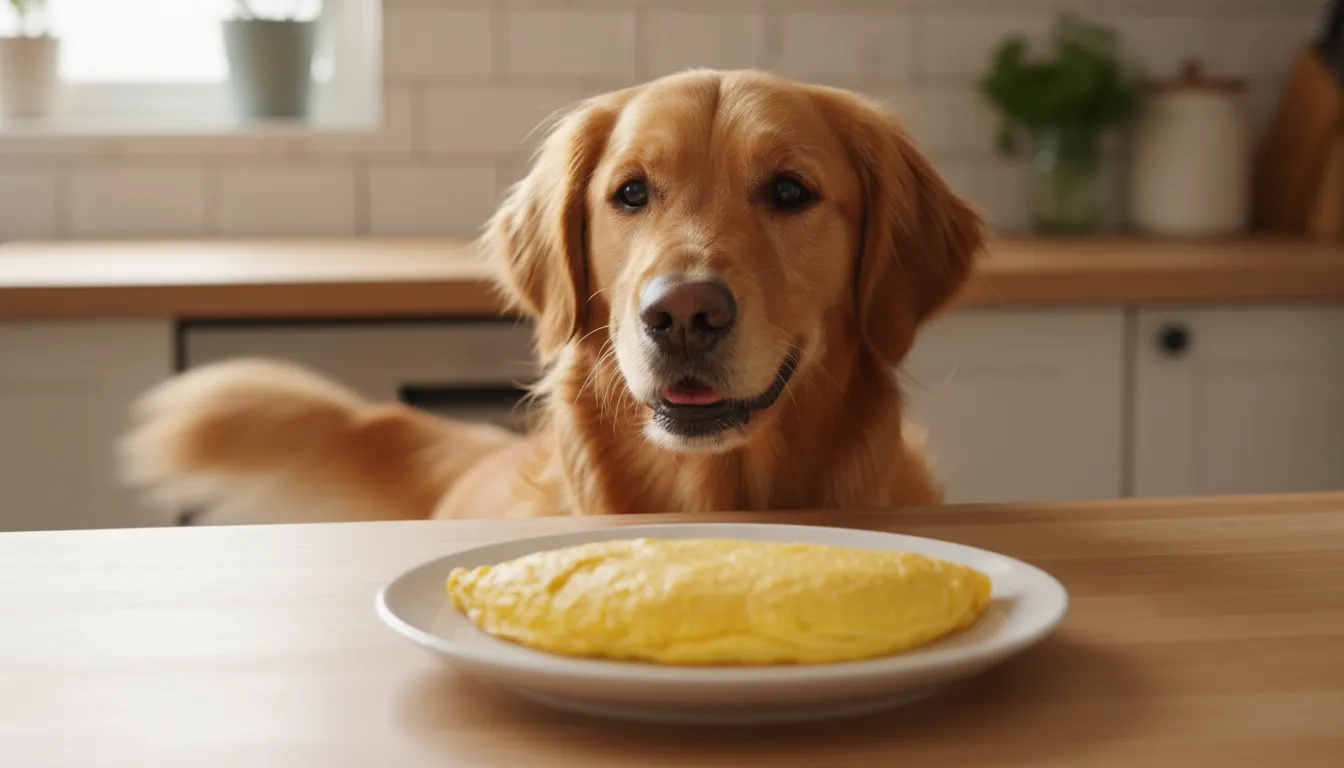 Cachorro golden retriever feliz olhando para uma omelete simples em um prato, em uma cozinha iluminada.
