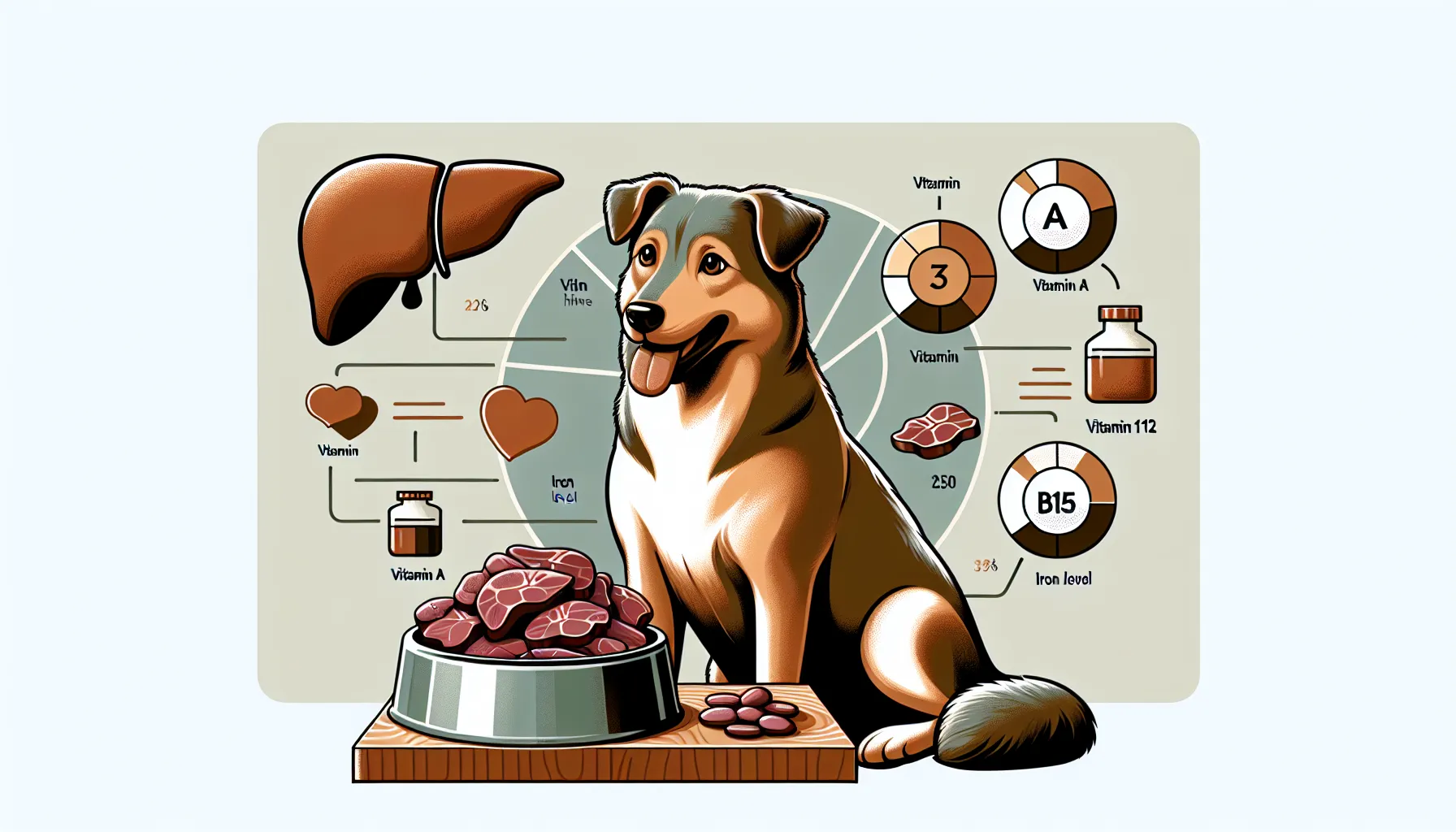 Ilustração digital de um cachorro feliz e saudável sentado ao lado de uma tigela de fígado cozido, em uma cozinha. O fígado está cozido de forma simples, sem temperos, com ícones representando os nutrientes chave encontrados no fígado (como ícones para Vitamina A, Vitamina B12 e Ferro) flutuando ao redor da tigela. No fundo, há um gráfico simples mostrando os tamanhos de porção recomendados e a frequência de consumo de fígado para cães, destacando a moderação e o equilíbrio na dieta do cachorro.