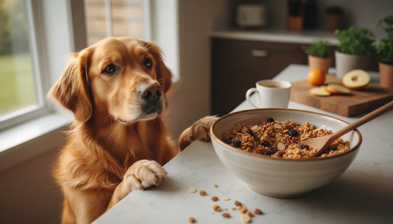 Cachorro da raça golden retriever olhando curiosamente para uma tigela de granola em uma cozinha iluminada.