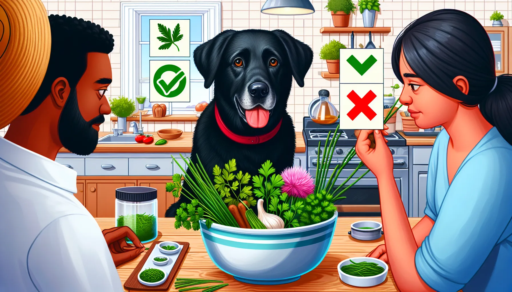 Ilustração de um cachorro olhando para uma tigela de comida cheia de várias ervas, com um grande "X" vermelho sobre cebolinha e marcas de verificação verdes sobre salsinha, manjericão e coentro. O fundo inclui um cenário de cozinha com um dono de animal de estimação consultando um veterinário ao telefone.