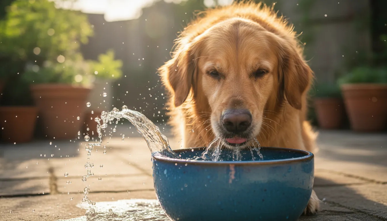 Cachorro golden retriever bebendo água fresca de um pote de cerâmica em um dia quente, com respingos de água ao redor.