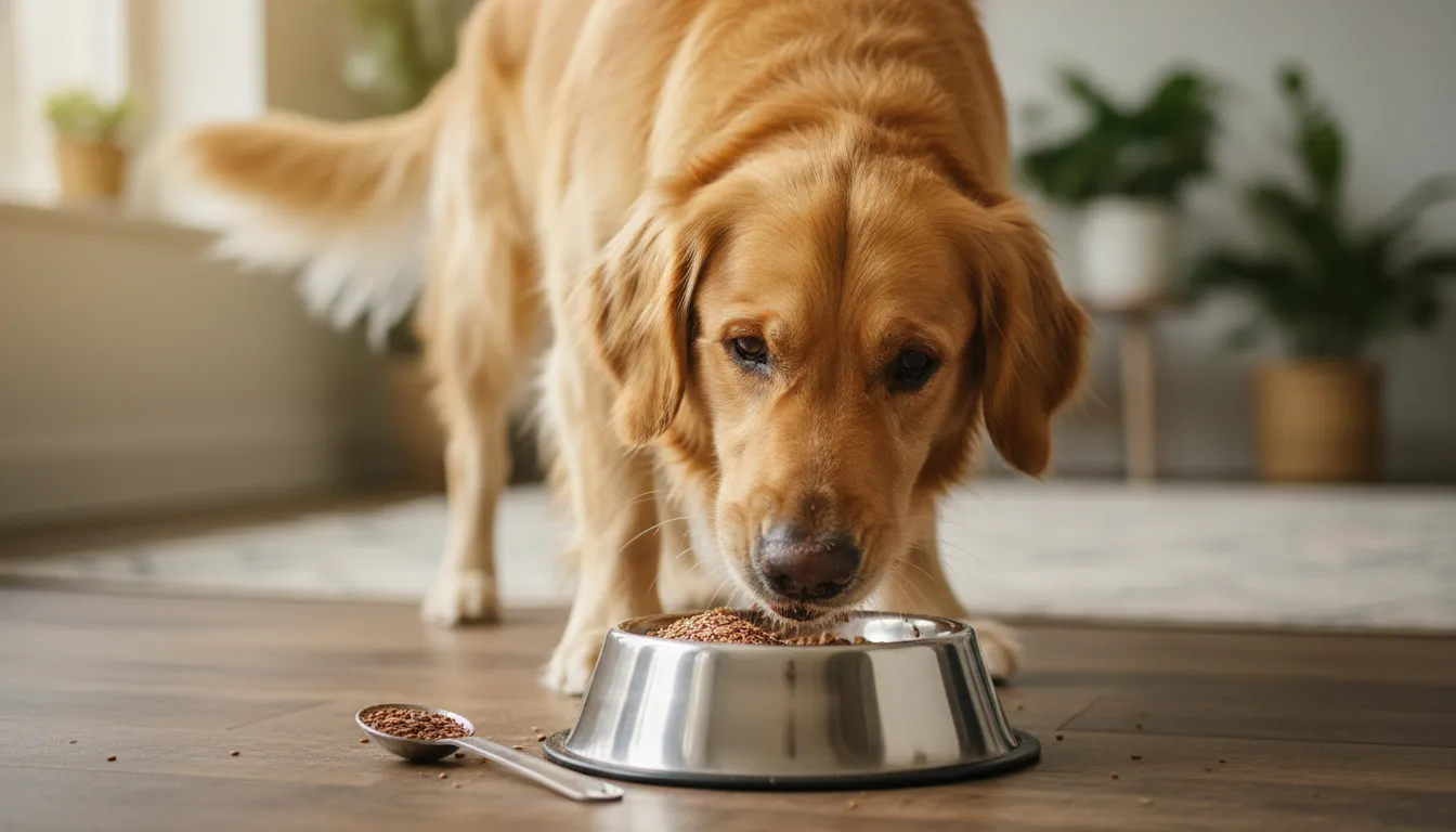 Cachorro da raça golden retriever comendo linhaça moída misturada em sua tigela de comida, com uma colher de medida ao lado. Pelagem brilhante.