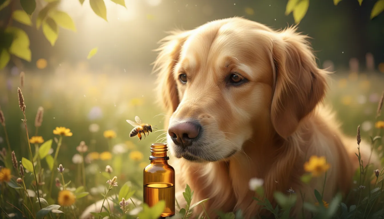 Cachorro da raça golden retriever cheirando um frasco de própolis, com uma abelha voando ao redor, demonstrando curiosidade e o tema do própolis.