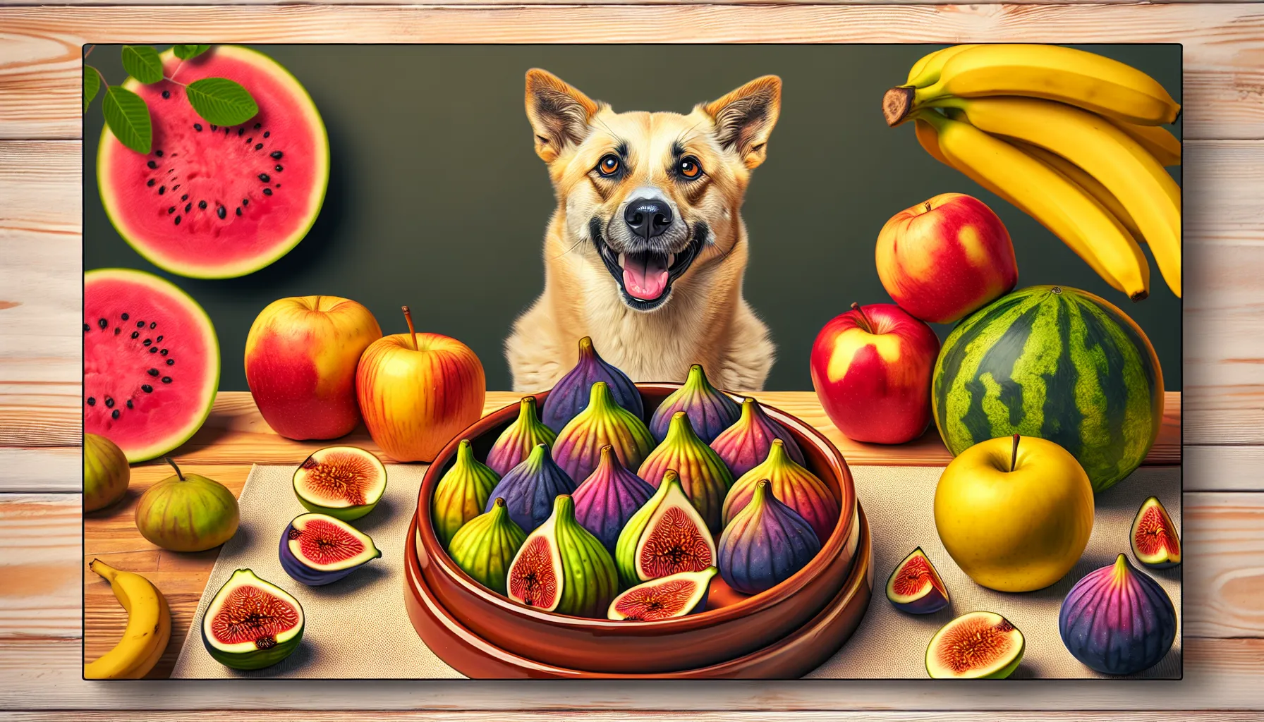 Cão feliz sentado ao lado de uma tigela de figos frescos, cercado por outras frutas como maçãs, bananas e melancia. A cena é vibrante e colorida, mostrando uma variedade de frutas seguras para cães. O cão parece curioso, mas contente, destacando a moderação e o cuidado na introdução de novos alimentos em sua dieta.