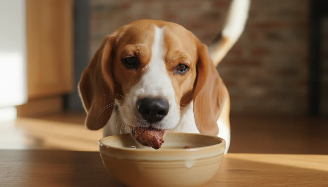 Um cachorro beagle feliz comendo um pequeno pedaço de fígado de galinha cozido em um comedouro de cerâmica.