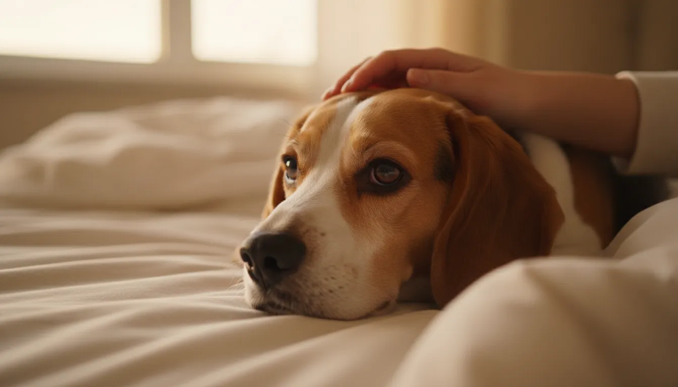 Cachorro da raça beagle com expressão de desconforto gástrico, deitado em uma cama macia, com uma pessoa acariciando-o.