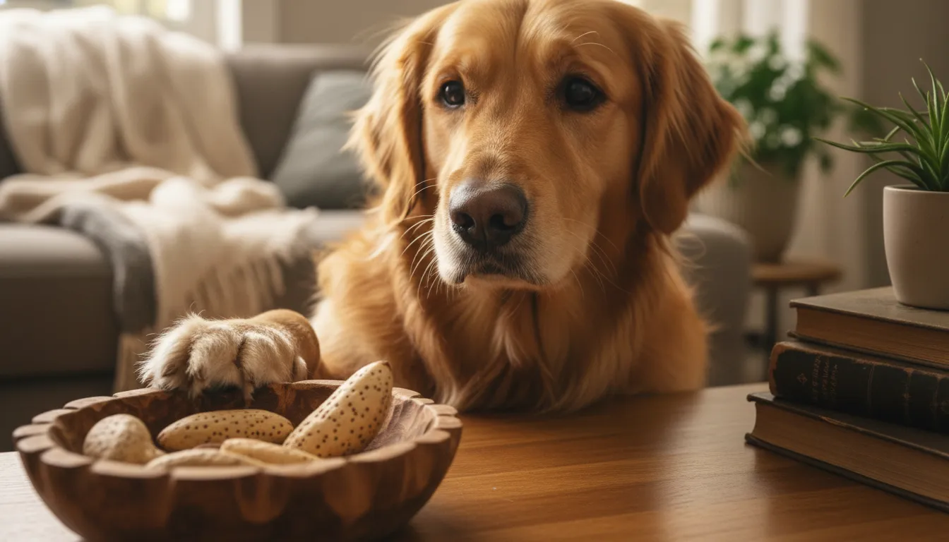 Cachorro da raça golden retriever observando atentamente uma castanha-do-pará em uma tigela de madeira, com olhar curioso.