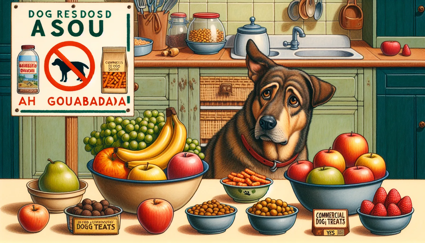 Ilustração de um cachorro preocupado olhando para uma tigela de goiabada com um sinal de 'Não' ao lado, enquanto uma variedade de frutas e vegetais seguros como maçãs, bananas e cenouras, junto com alguns petiscos comerciais para cães, são exibidos com um sinal de 'Sim'. Ao fundo, uma cozinha aconchegante para enfatizar o ambiente.