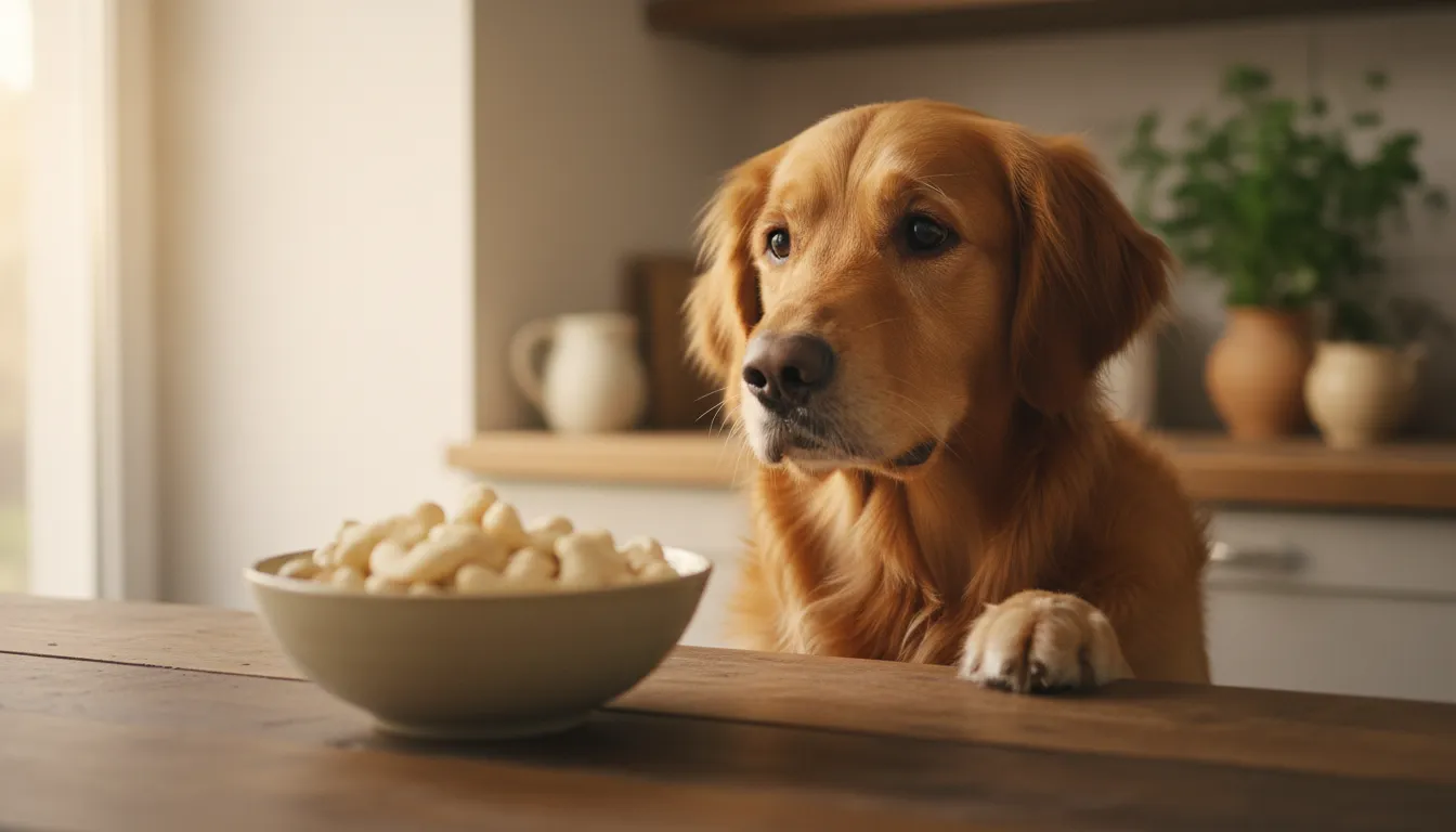Cachorro da raça golden retriever olhando curiosamente para uma tigela de castanhas de caju na mesa da cozinha.