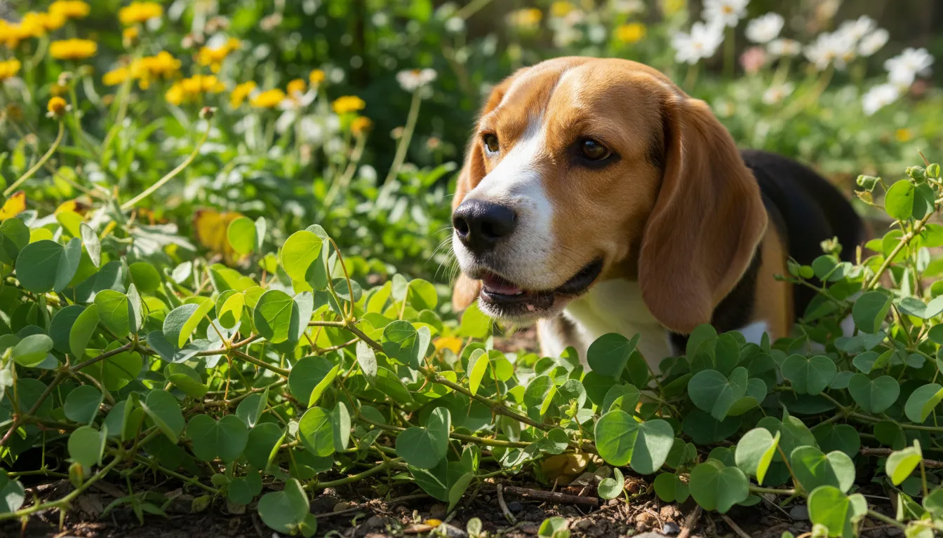 Um cachorro beagle feliz olhando curiosamente para folhas de ora pro nobis em um jardim iluminado pelo sol.
