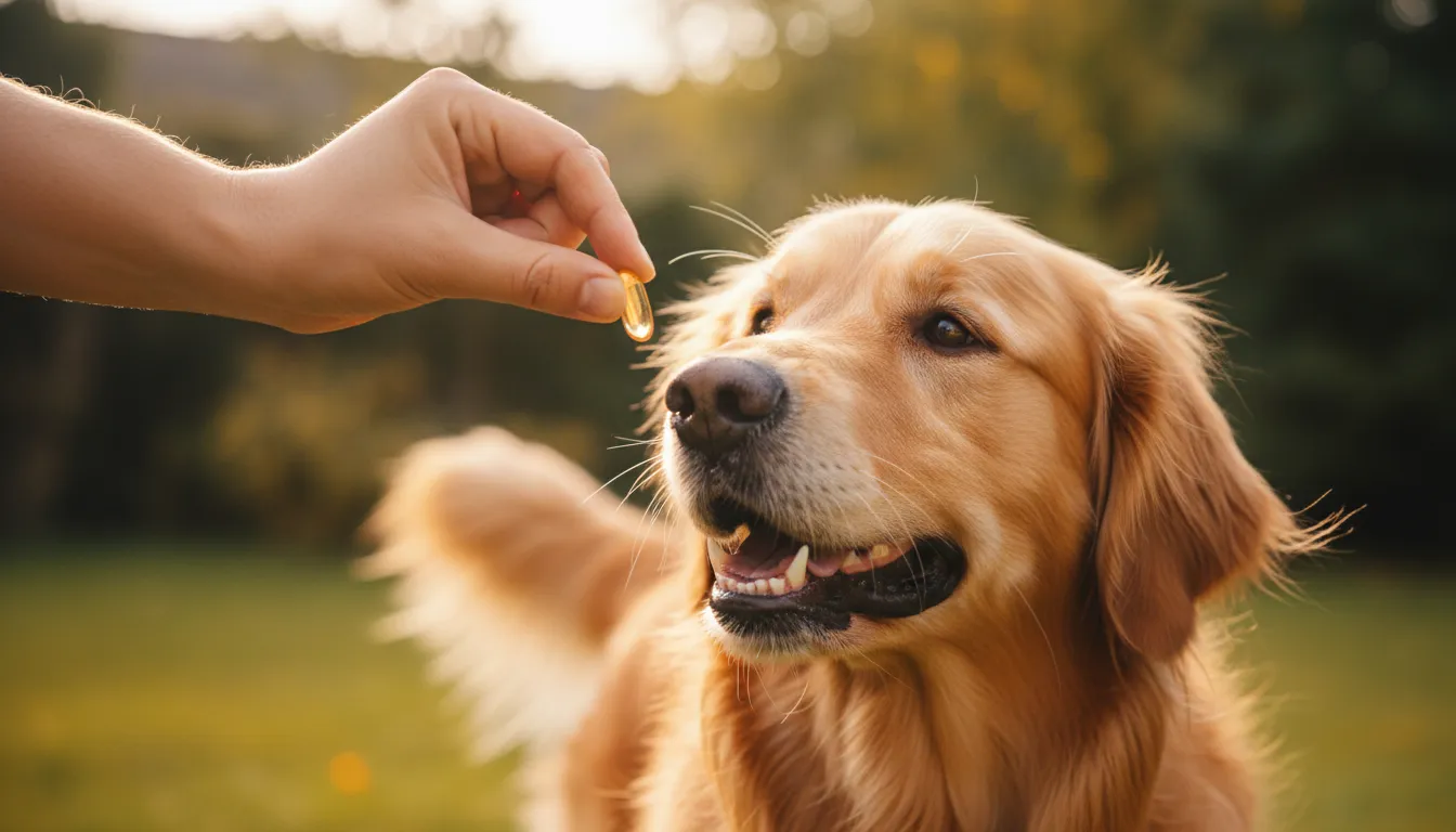 Cachorro golden retriever feliz recebendo uma cápsula de ômega 3 de seu tutor, com um fundo desfocado.