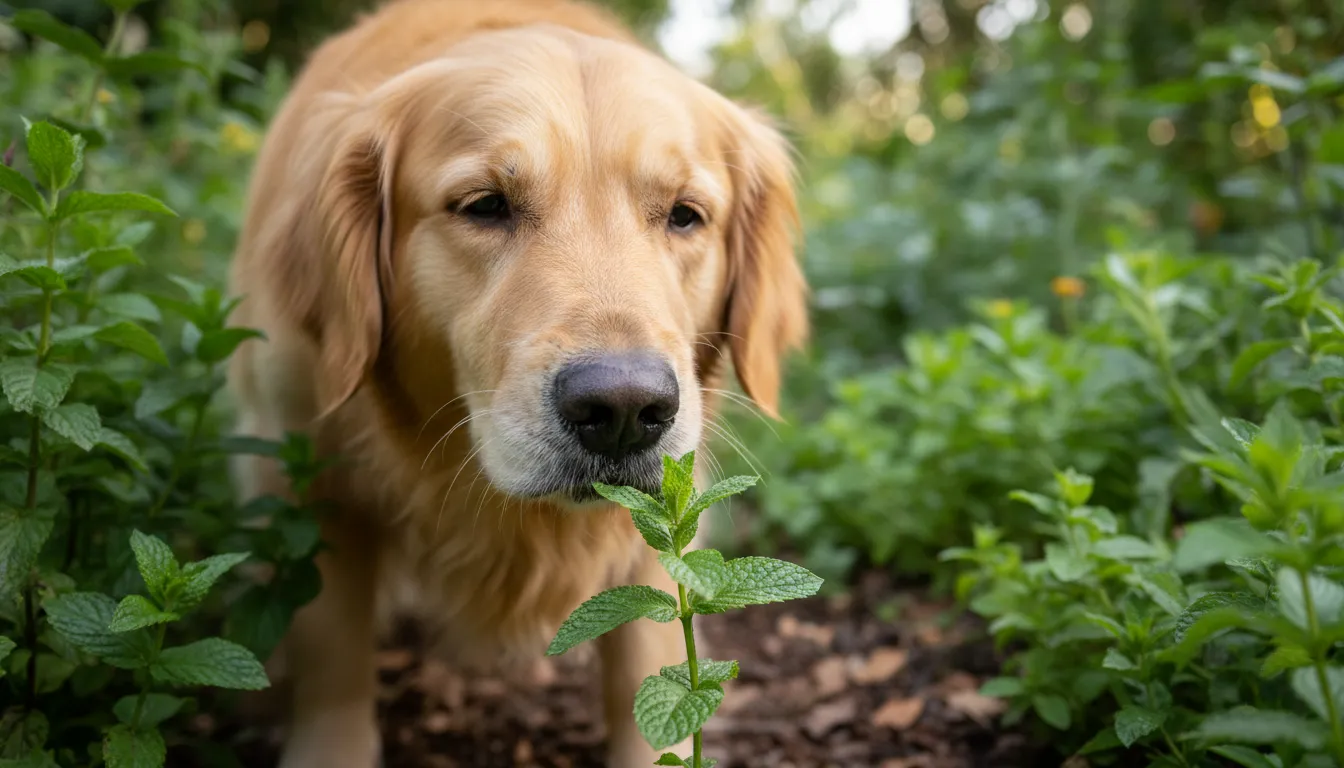 Cachorro da raça golden retriever cheirando uma folha de hortelã fresca em um jardim verde, com luz natural suave.
