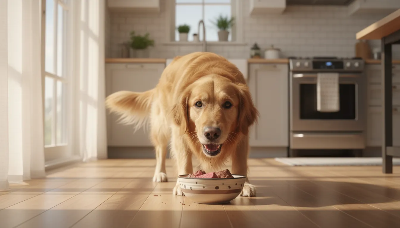 Um cachorro golden retriever alegre comendo um pedaço de carne de boi cozida em sua tigela, em um ambiente de cozinha iluminado.