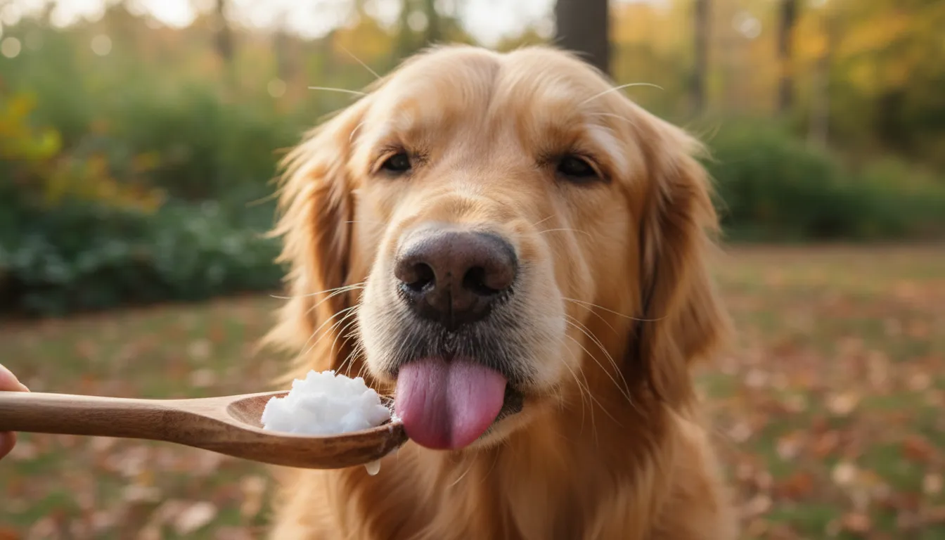 Cachorro golden retriever lambendo um pouco de óleo de coco de uma colher de madeira