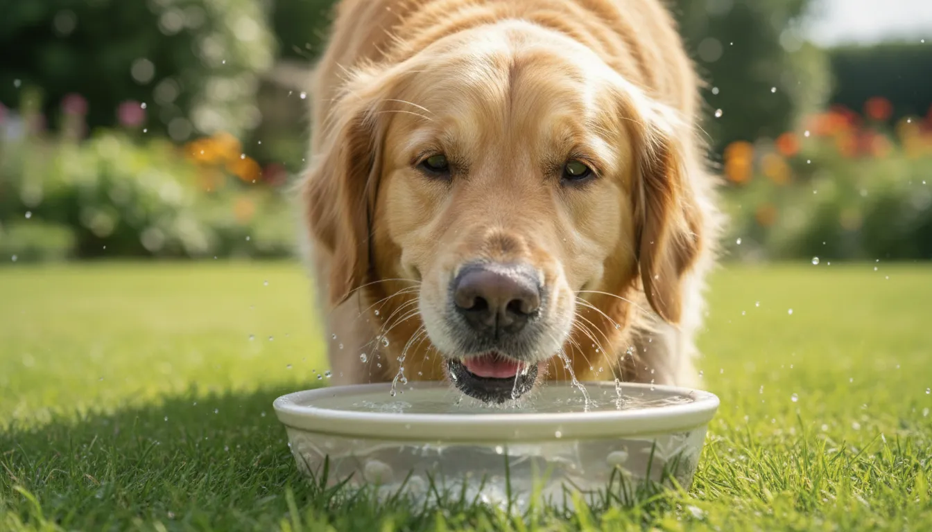 Cachorro da raça Golden Retriever bebendo água fresca de uma tigela em um dia ensolarado, com bolhas de água ao redor da boca.
