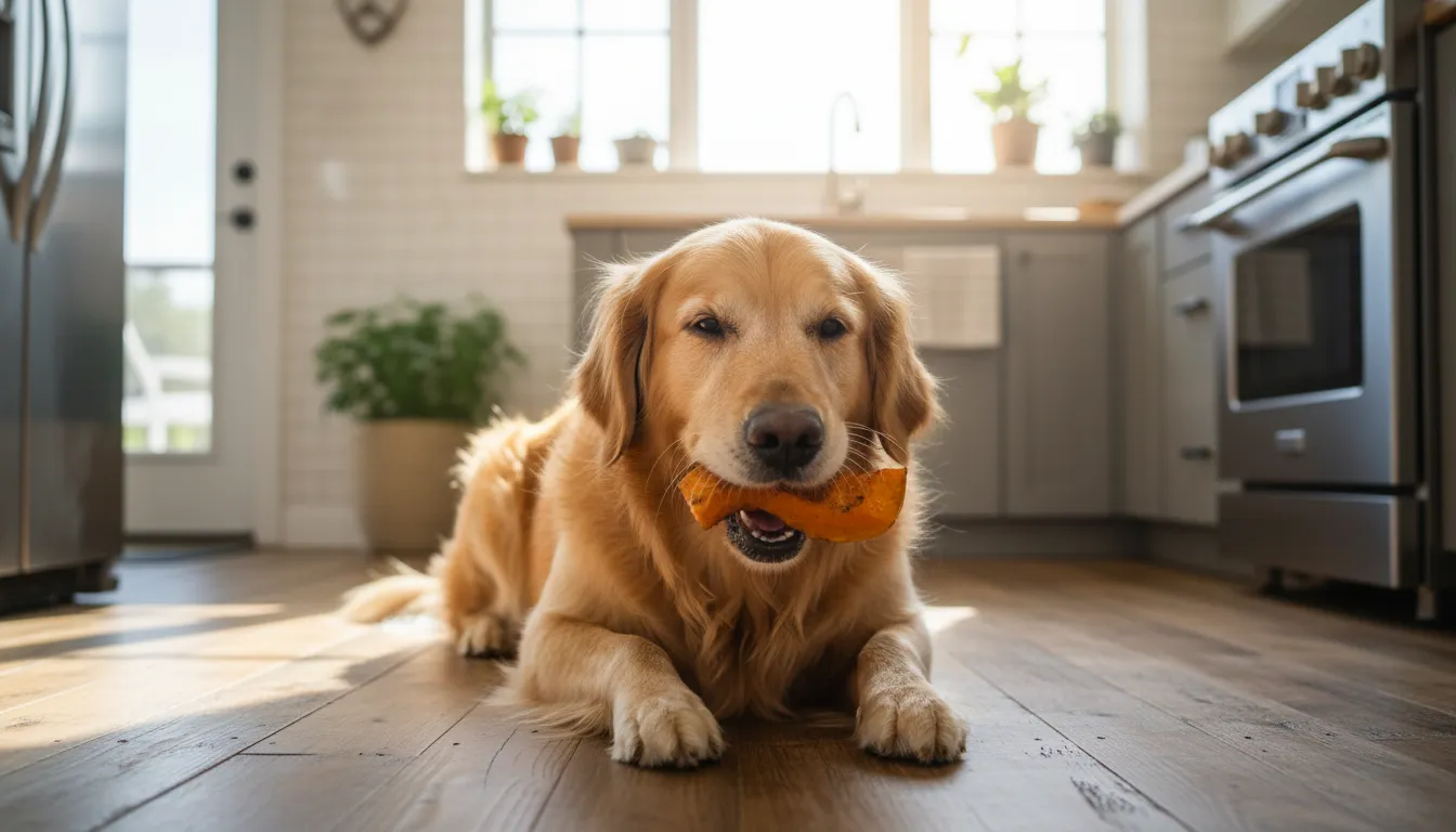 Um cachorro golden retriever feliz comendo um pedaço de abóbora cozida em um ambiente de cozinha iluminado, mostrando segurança e prazer.