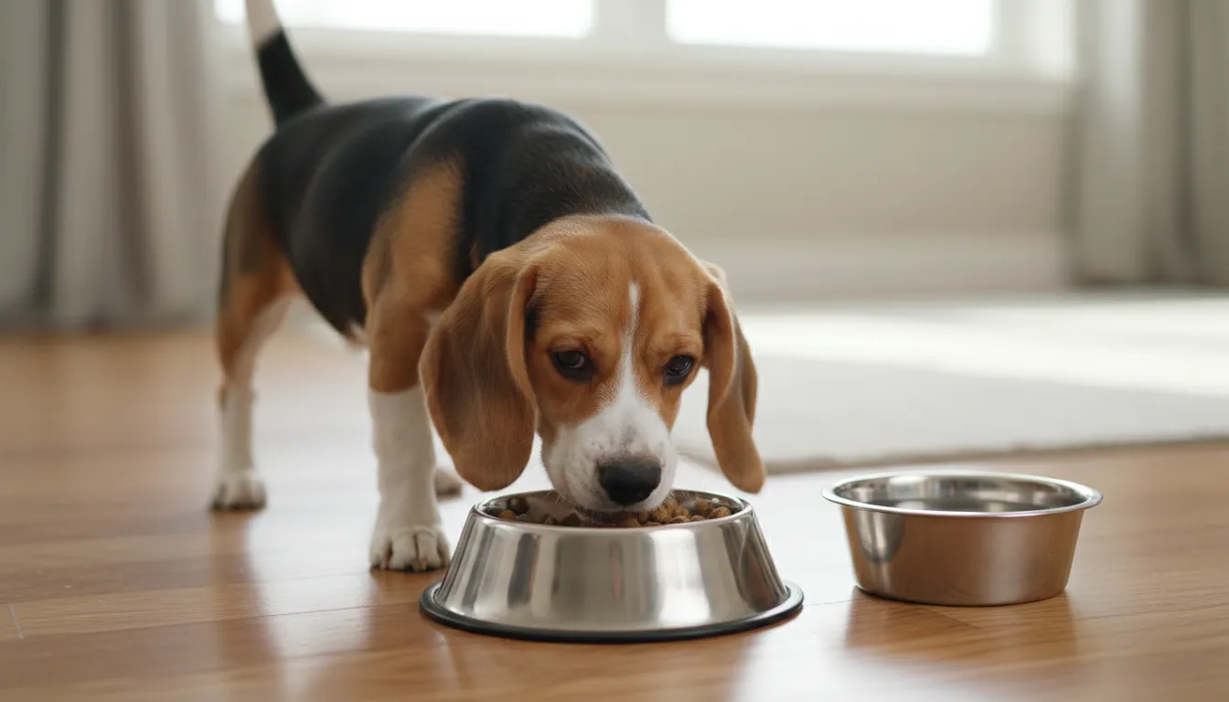 Filhote de cachorro beagle comendo ração em um prato, com água fresca por perto, simbolizando uma alimentação saudável.
