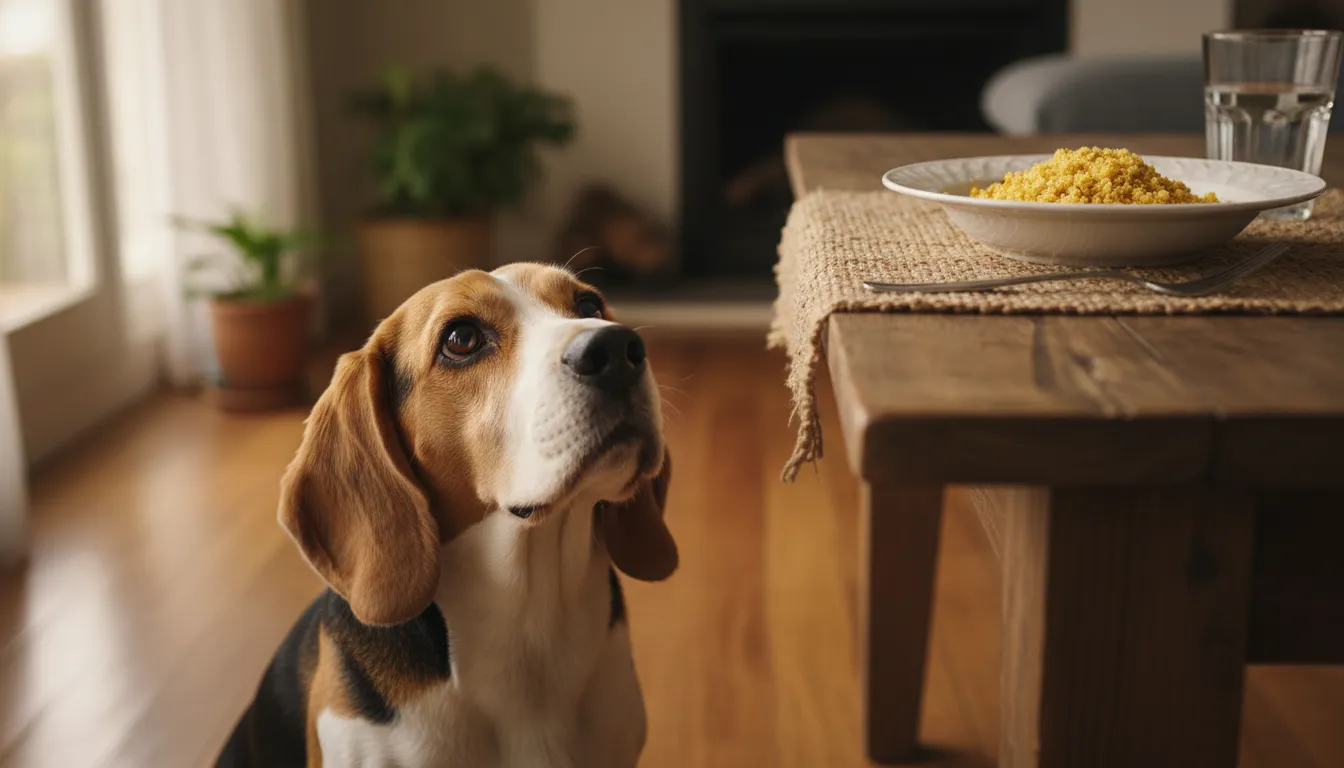 Cachorro da raça beagle olhando com curiosidade para um prato de farofa na mesa, com olhos pidões. Cachorro pode comer farofa?