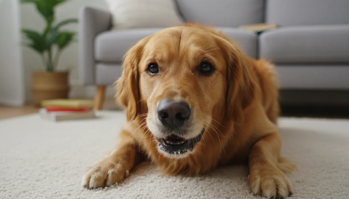 Cachorro com ânsia de vômito, um golden retriever com expressão preocupada, em um ambiente doméstico.